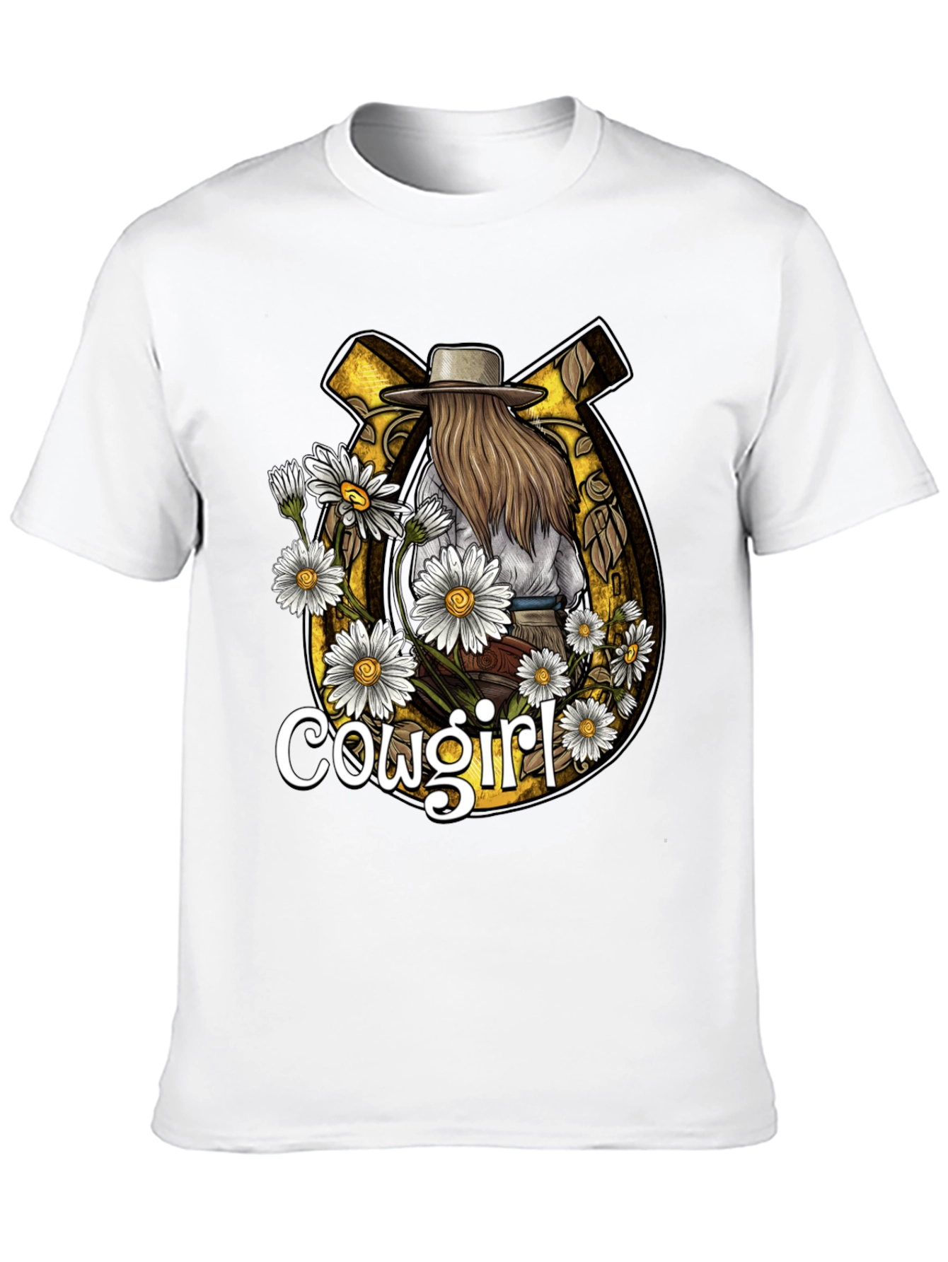 Cowgirl Graphic Tee - Horseshoe & Daisies Design