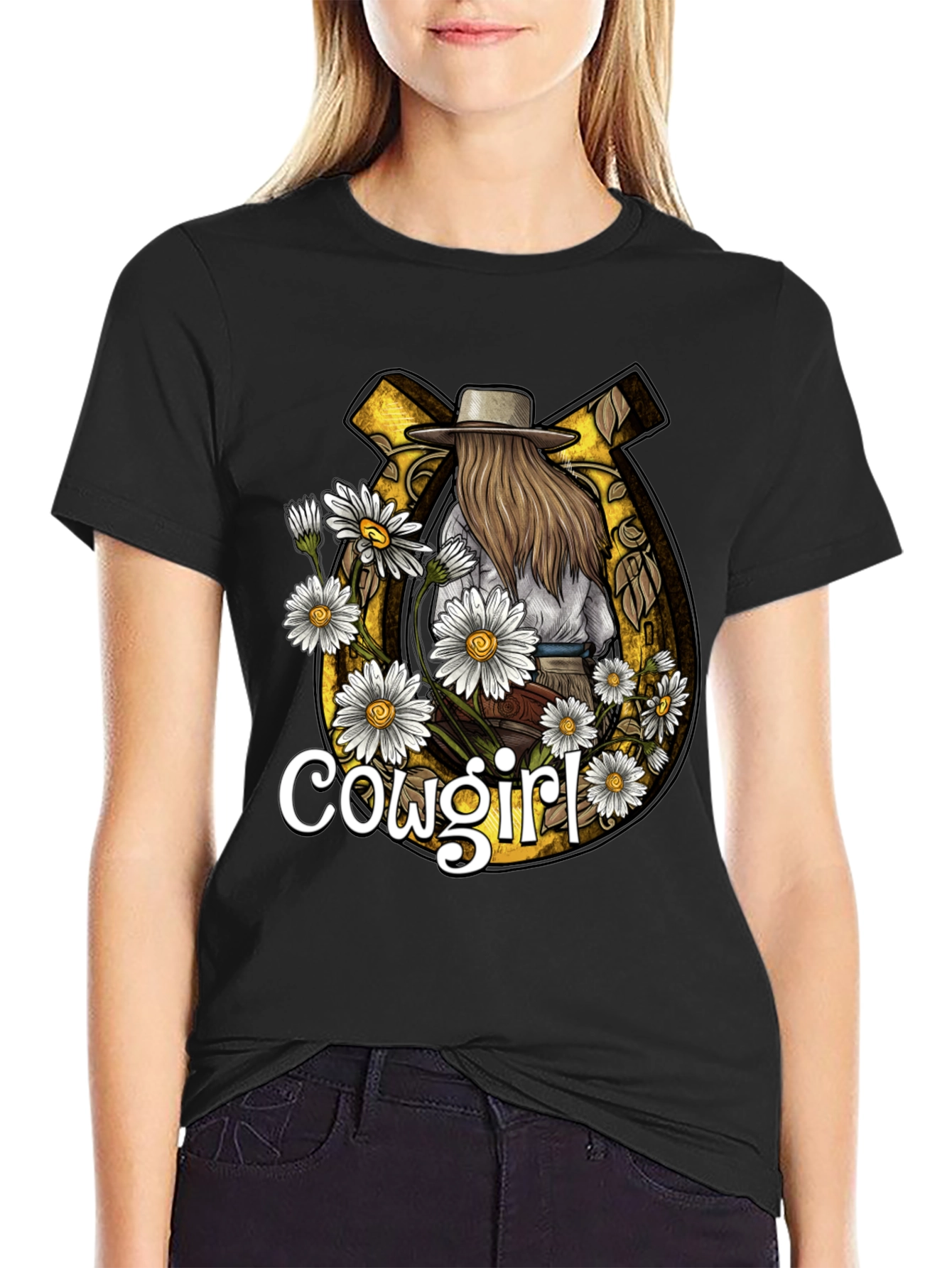 Cowgirl Graphic Tee - Horseshoe & Daisies Design