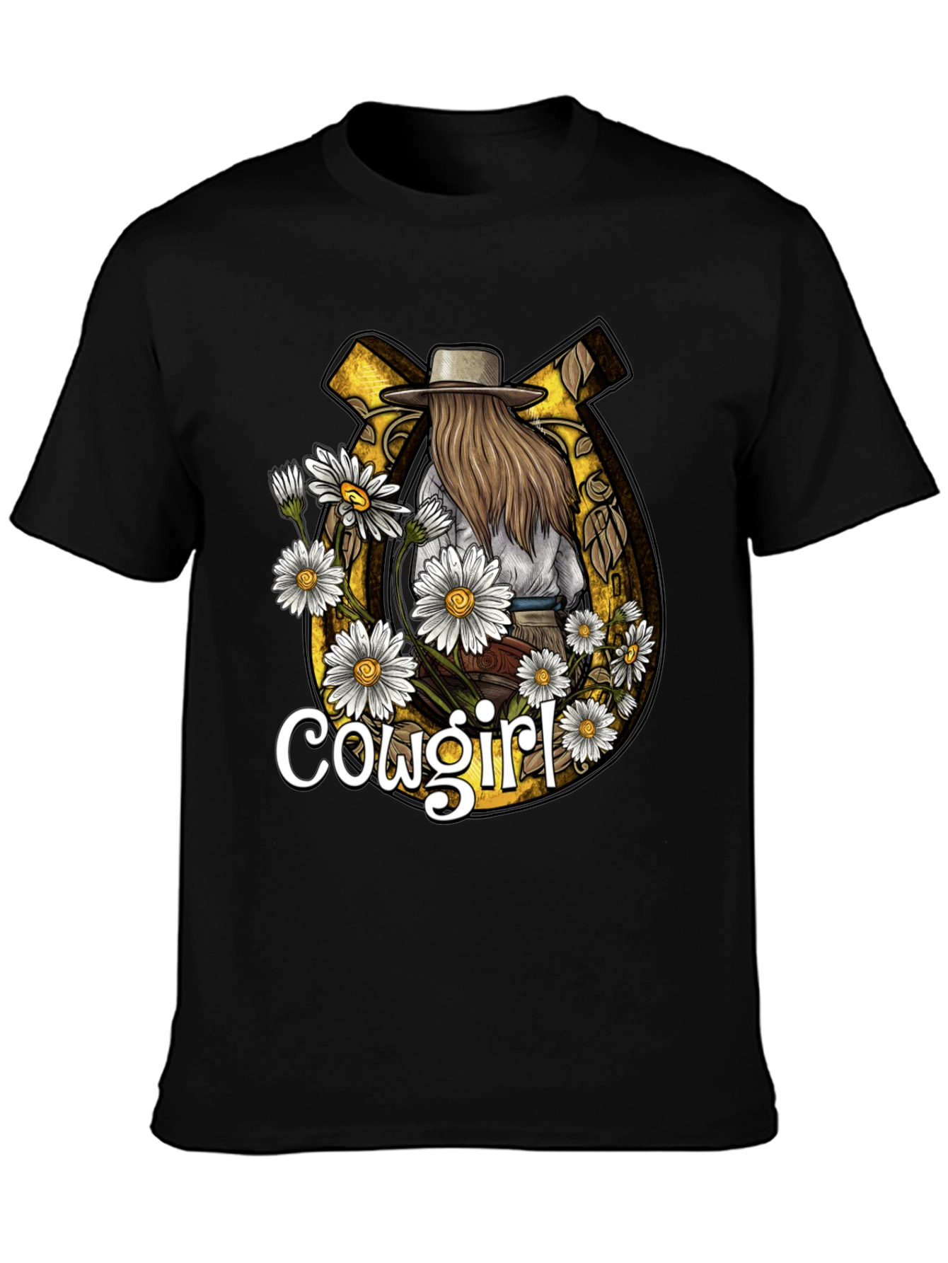 Cowgirl Graphic Tee - Horseshoe & Daisies Design