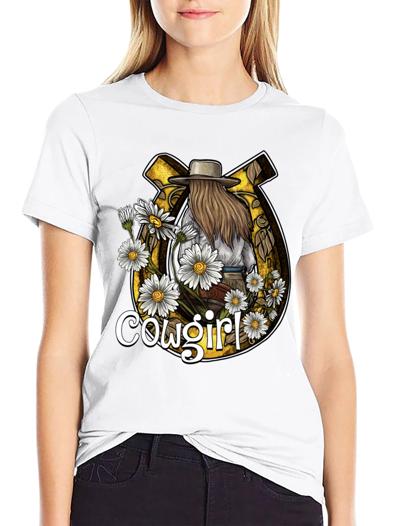Cowgirl Graphic Tee - Horseshoe & Daisies Design