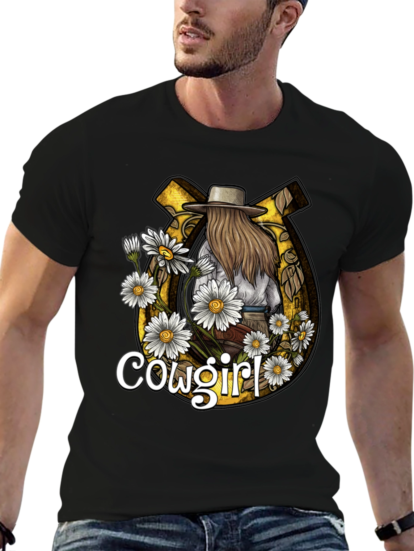 Cowgirl Graphic Tee - Horseshoe & Daisies Design