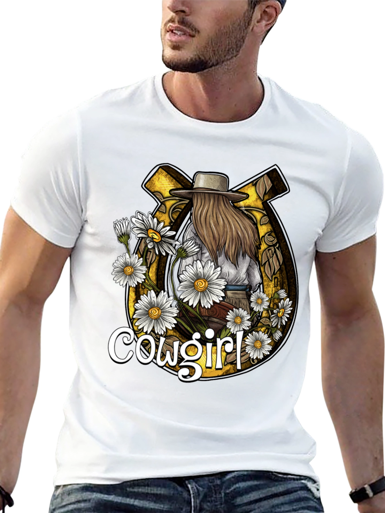 Cowgirl Graphic Tee - Horseshoe & Daisies Design
