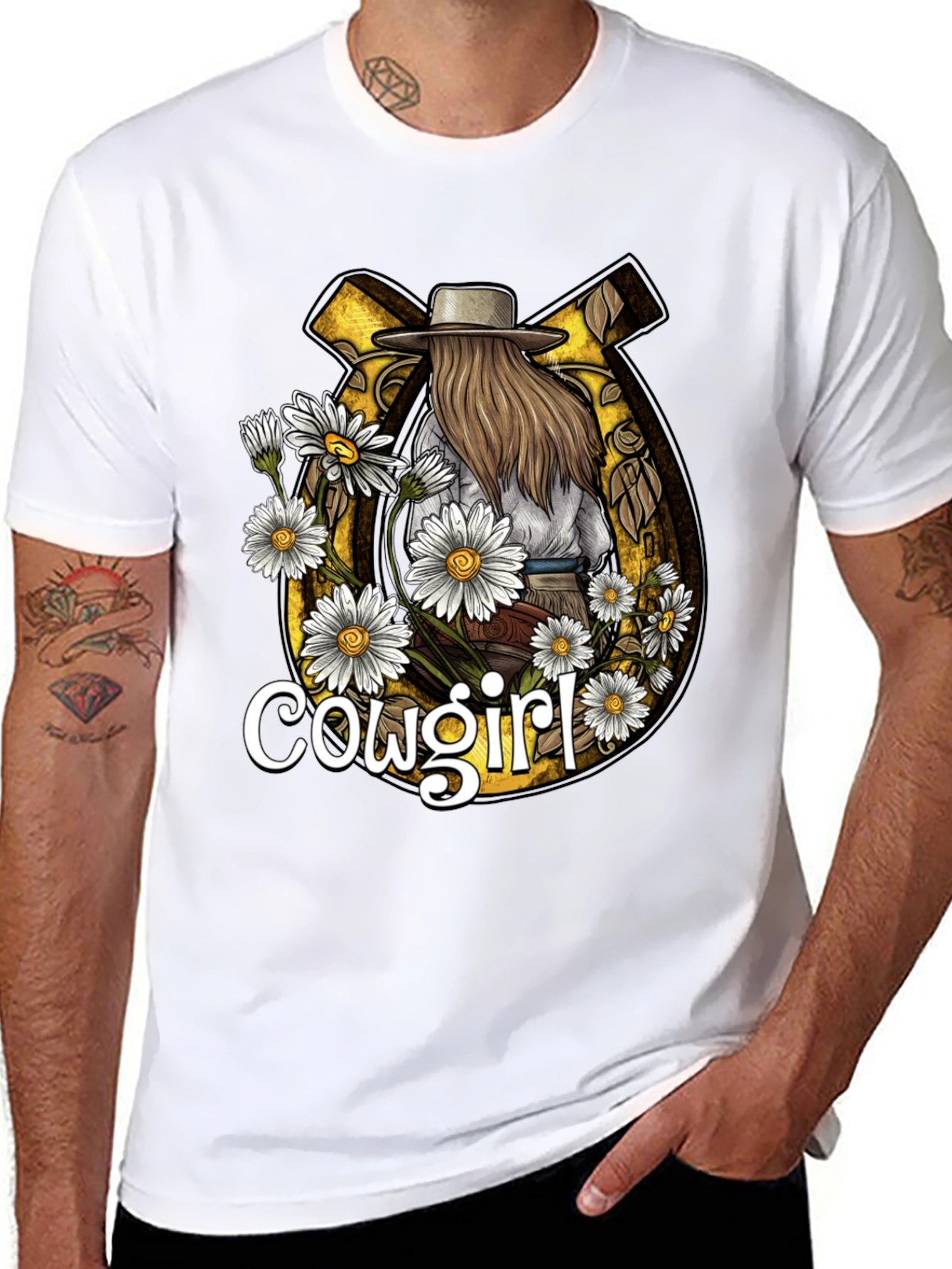 Cowgirl Graphic Tee - Horseshoe & Daisies Design