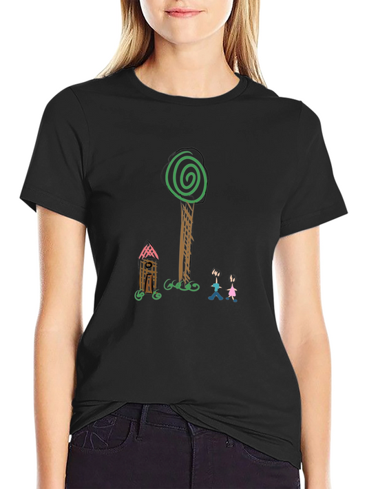 Whimsical Tree & House Graphic T-Shirt