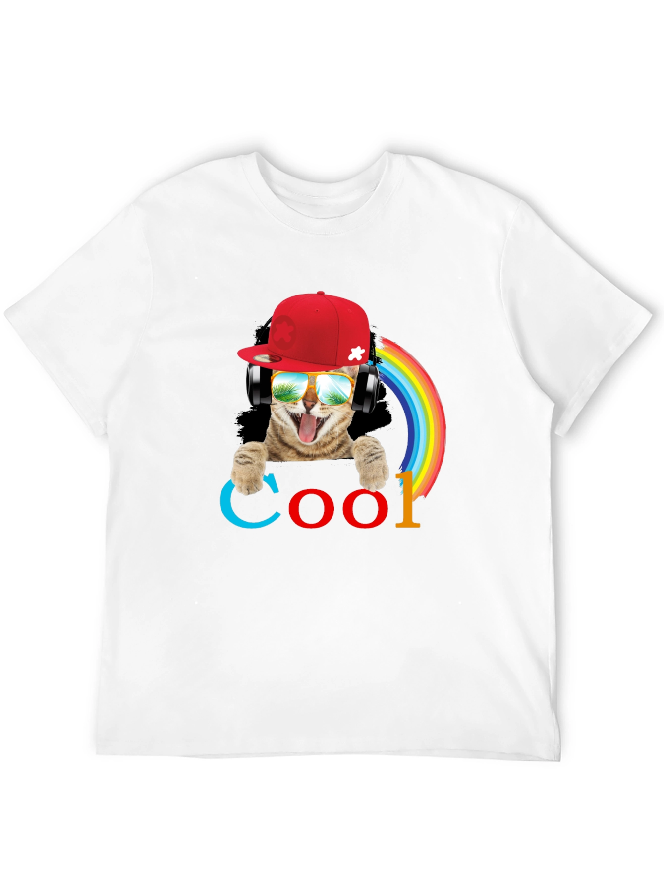 Cool Cat T-Shirt with Headphones & Rainbow