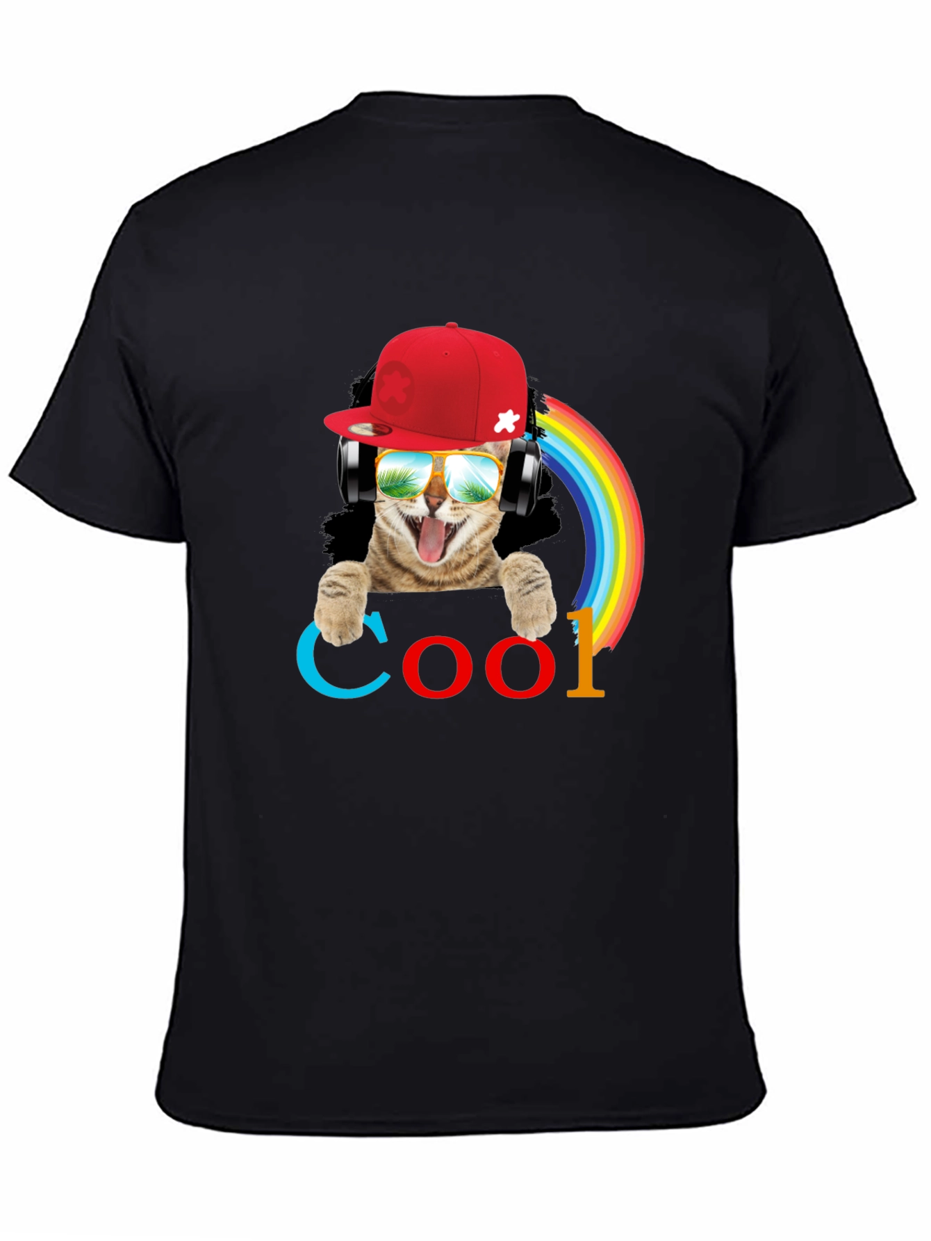 Cool Cat T-Shirt with Headphones & Rainbow