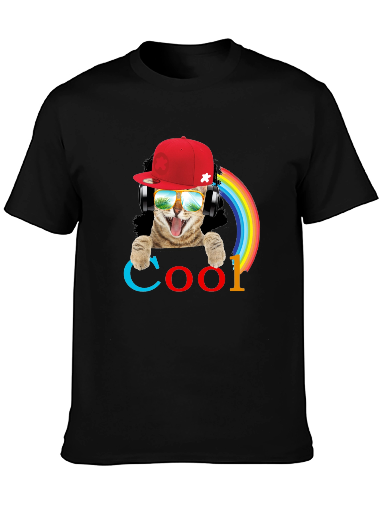 Cool Cat T-Shirt with Headphones & Rainbow