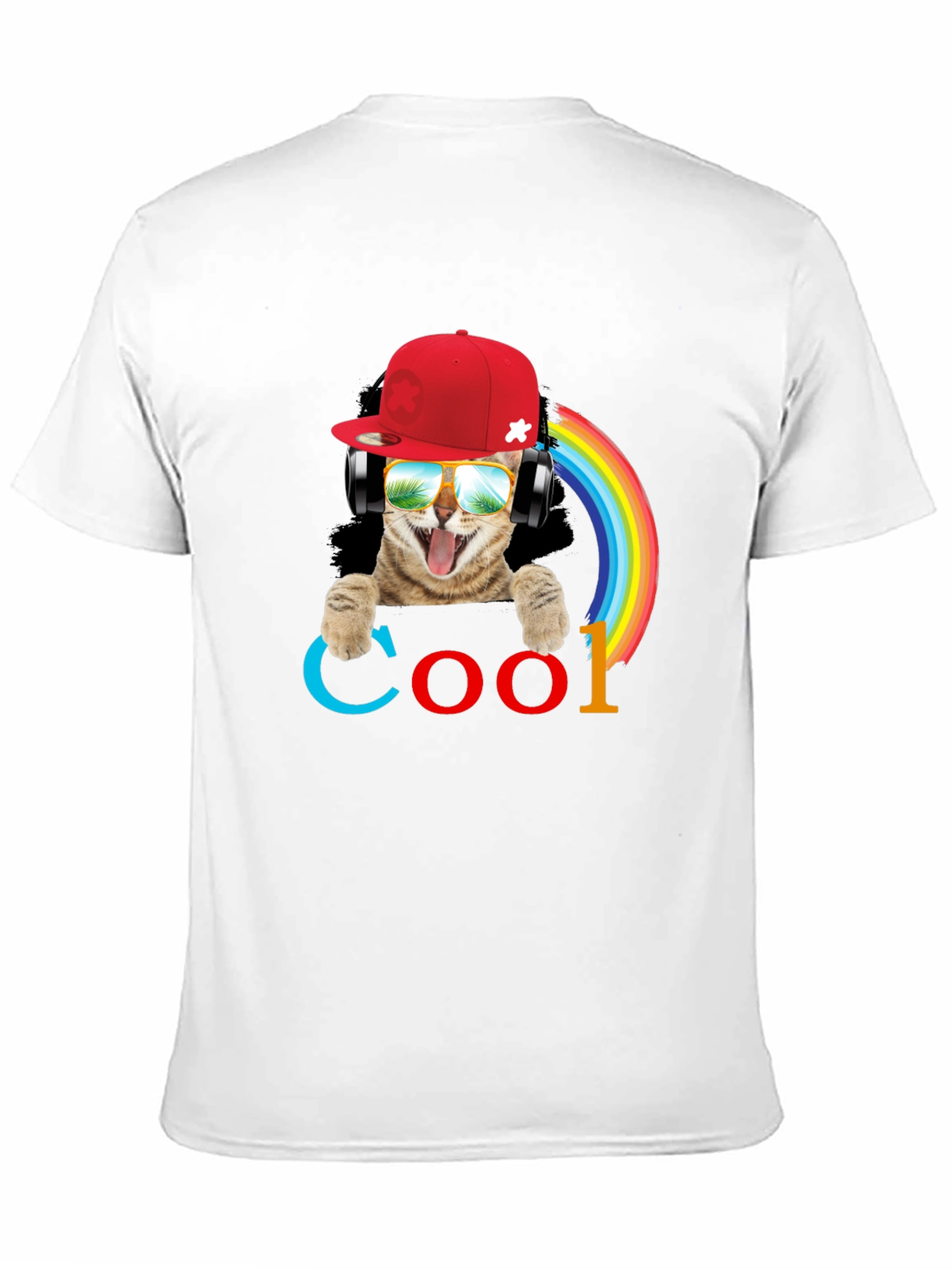 Cool Cat T-Shirt with Headphones & Rainbow
