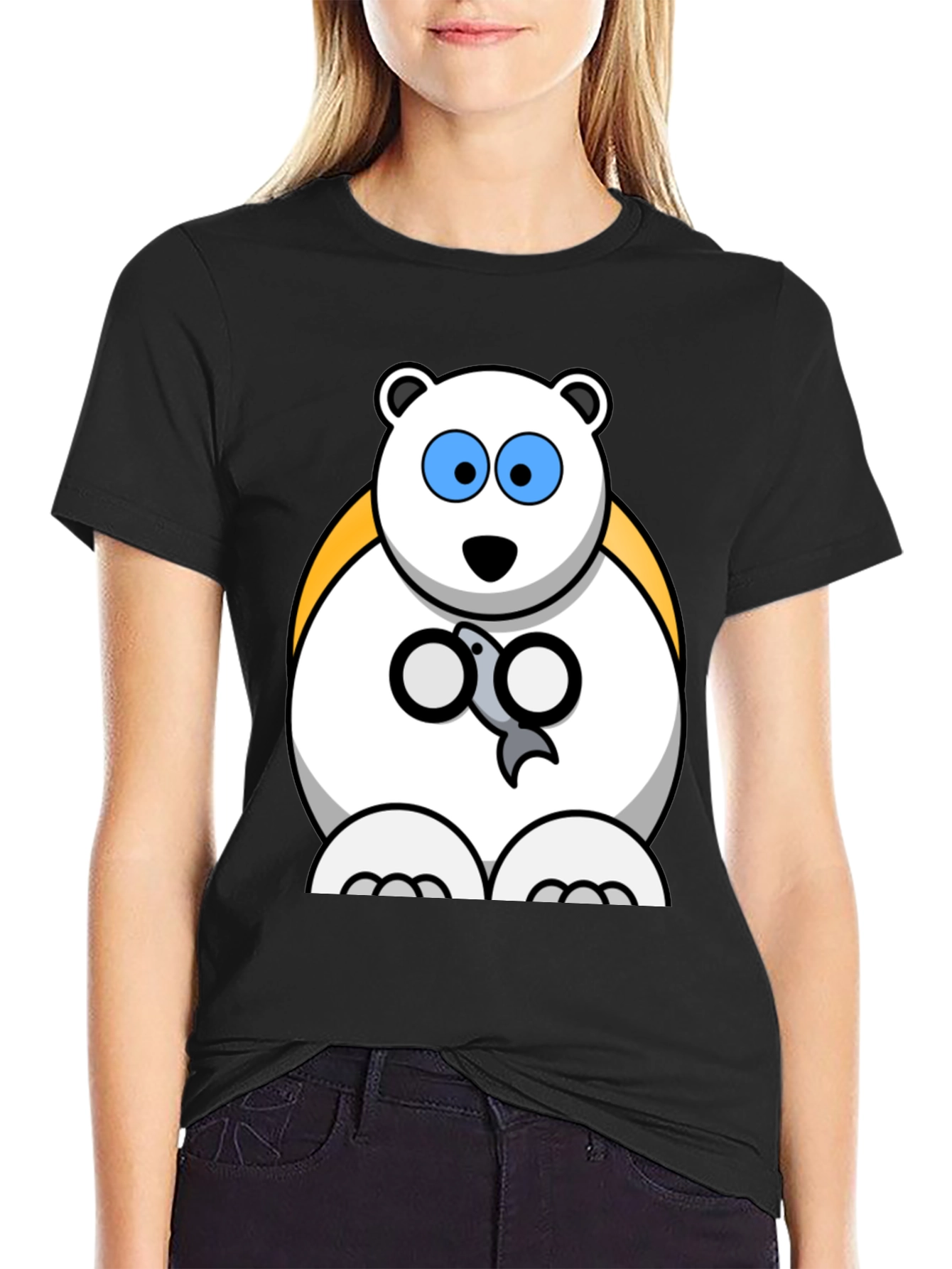 Polar Bear Cartoon Graphic Print Black T-Shirt