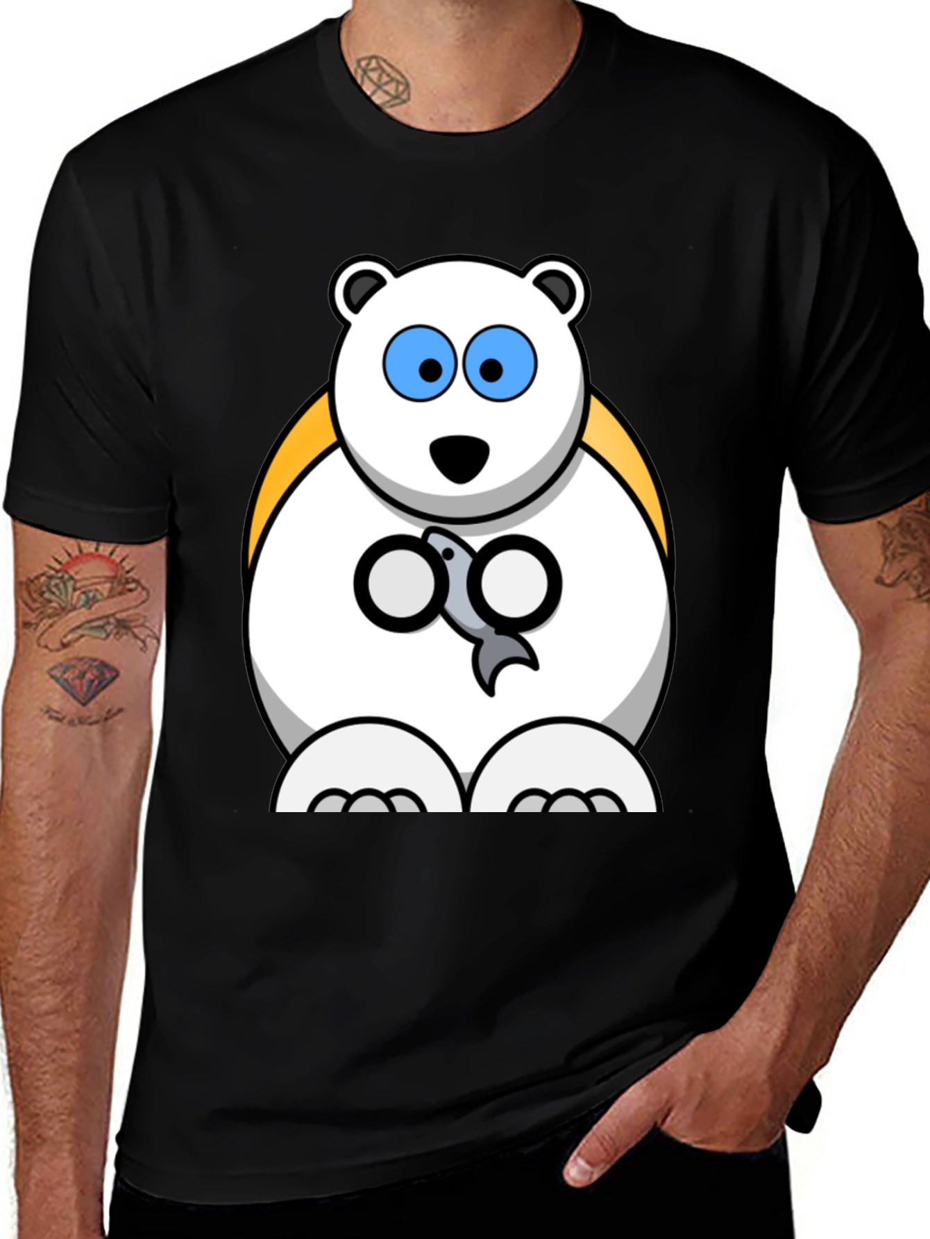 Polar Bear Cartoon Graphic Print Black T-Shirt