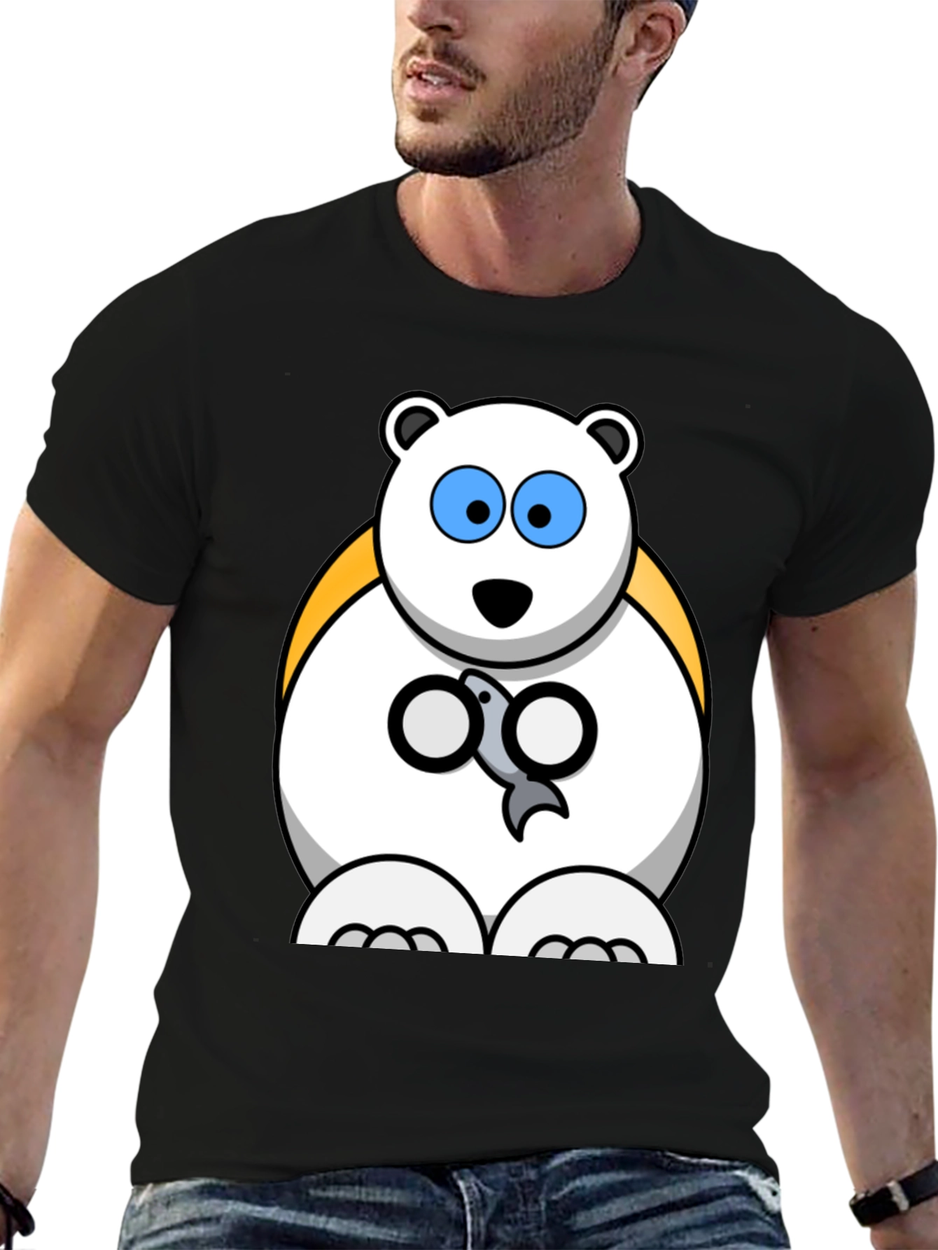 Polar Bear Cartoon Graphic Print Black T-Shirt