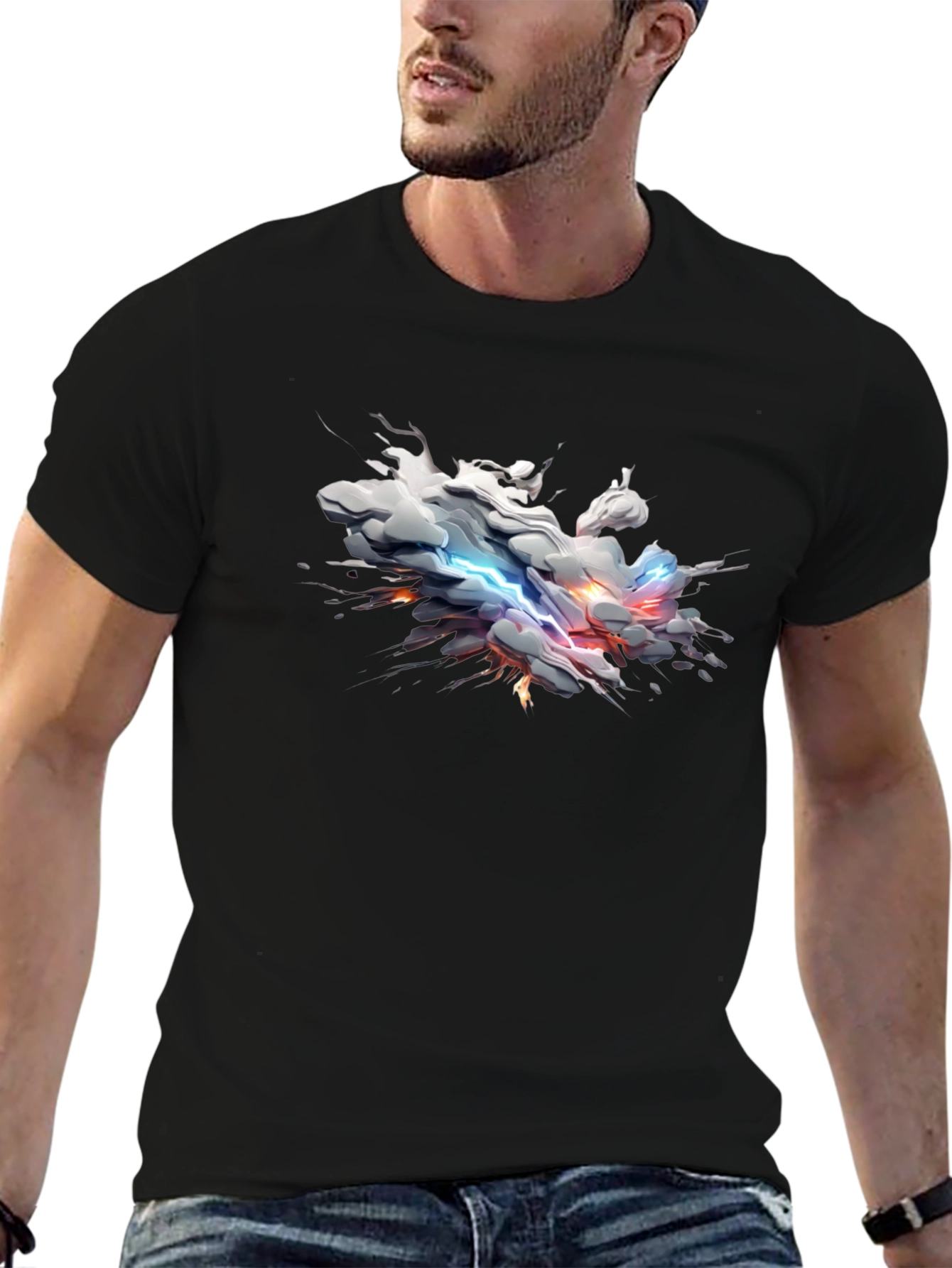 Stylish Black Tee with Abstract Lightning Cloud Design