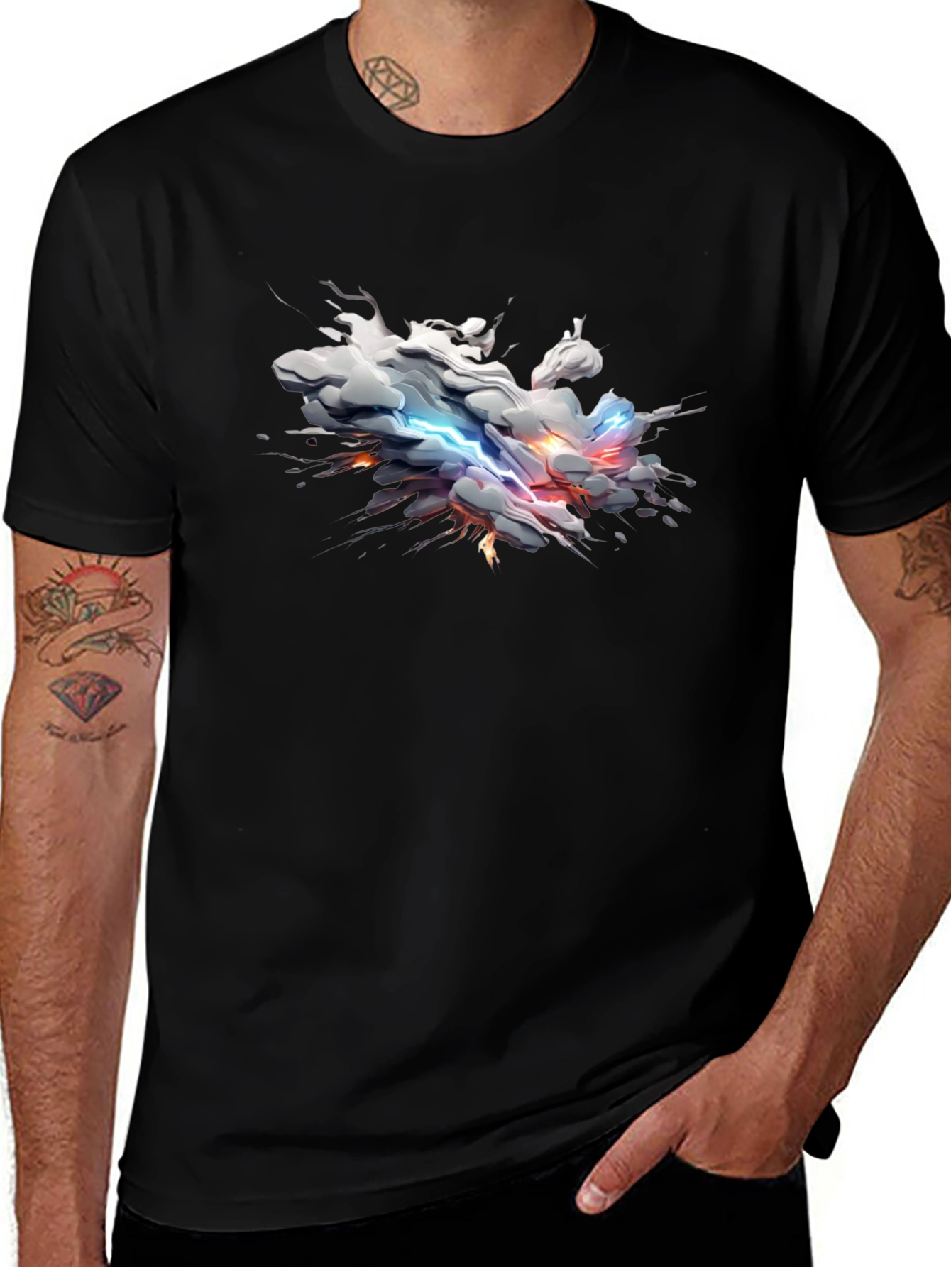 Stylish Black Tee with Abstract Lightning Cloud Design