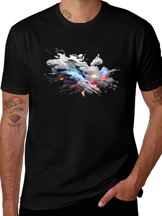 Stylish Black Tee with Abstract Lightning Cloud Design