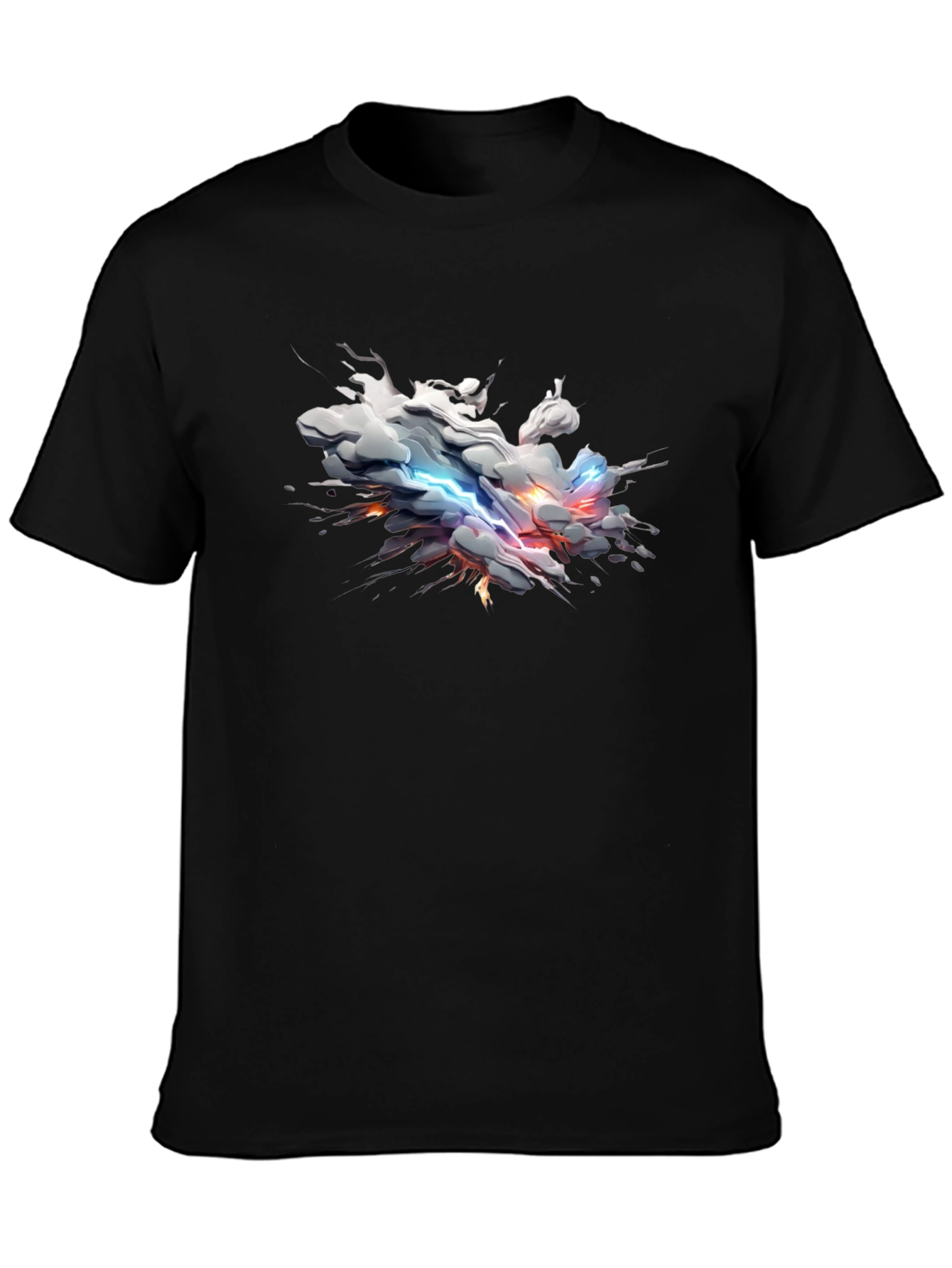 Stylish Black Tee with Abstract Lightning Cloud Design