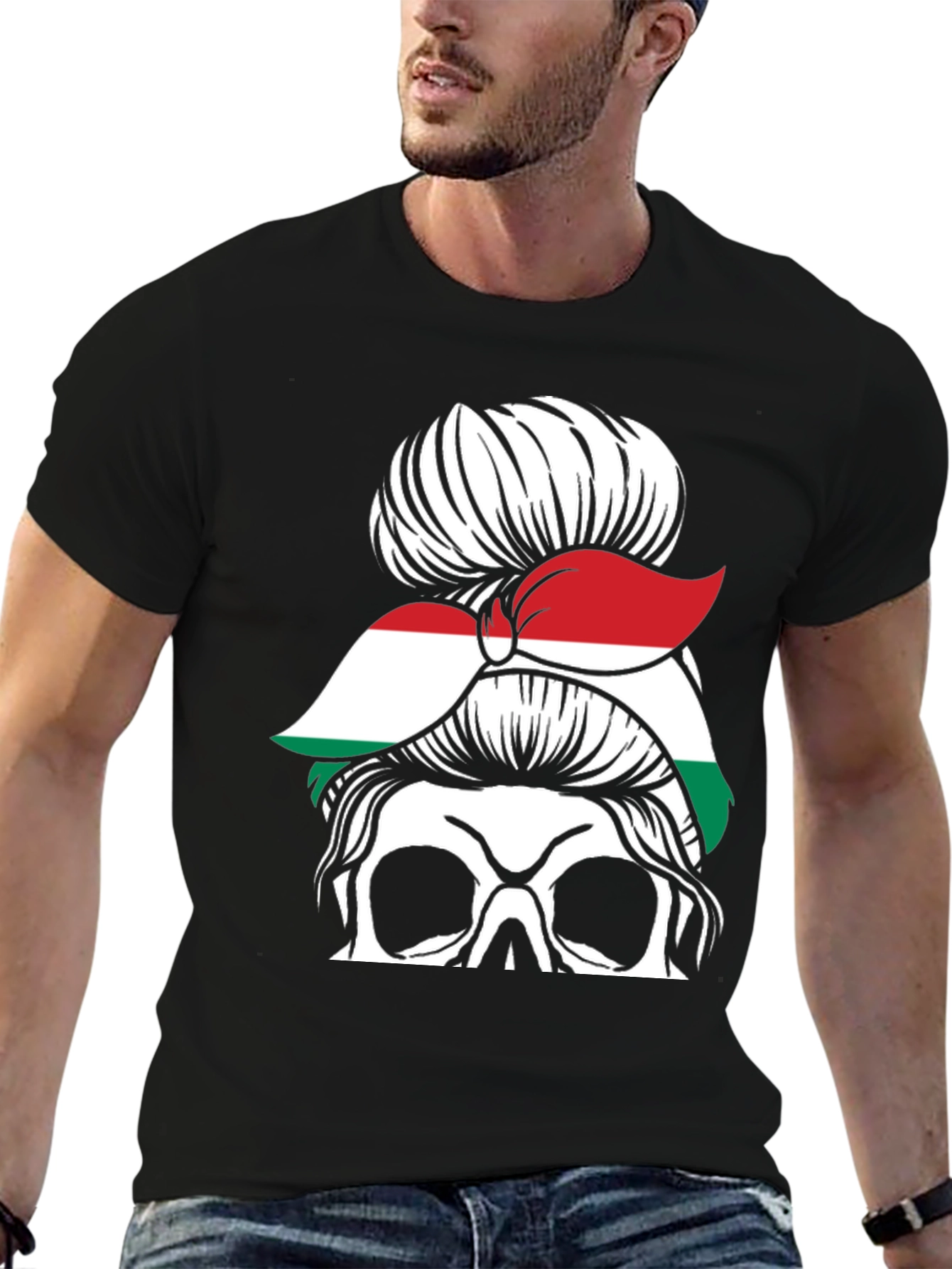 Skull Messy Bun Hungary Flag T-Shirt
