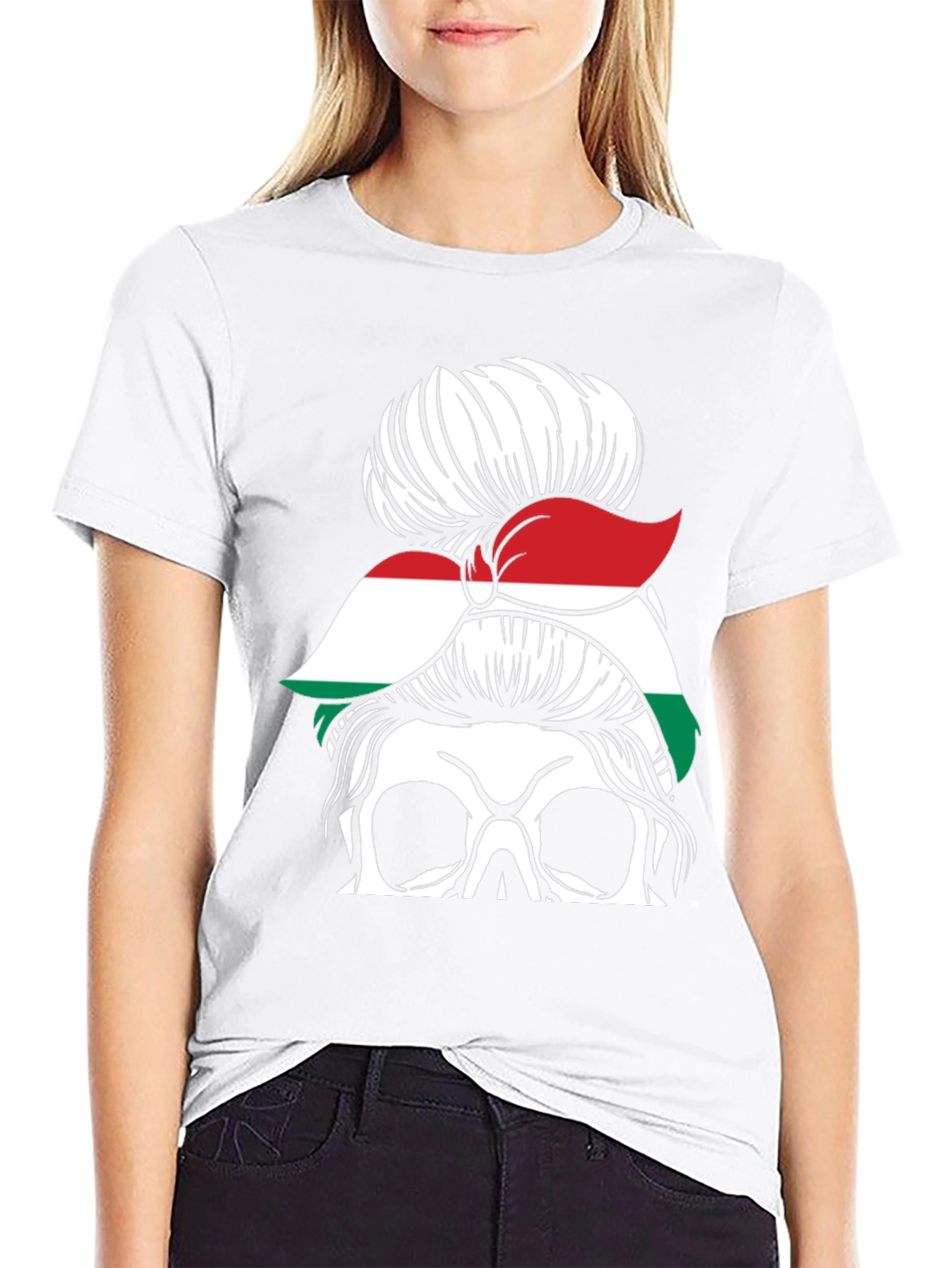 Skull Messy Bun Hungary Flag T-Shirt