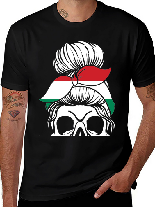 Skull Messy Bun Hungary Flag T-Shirt