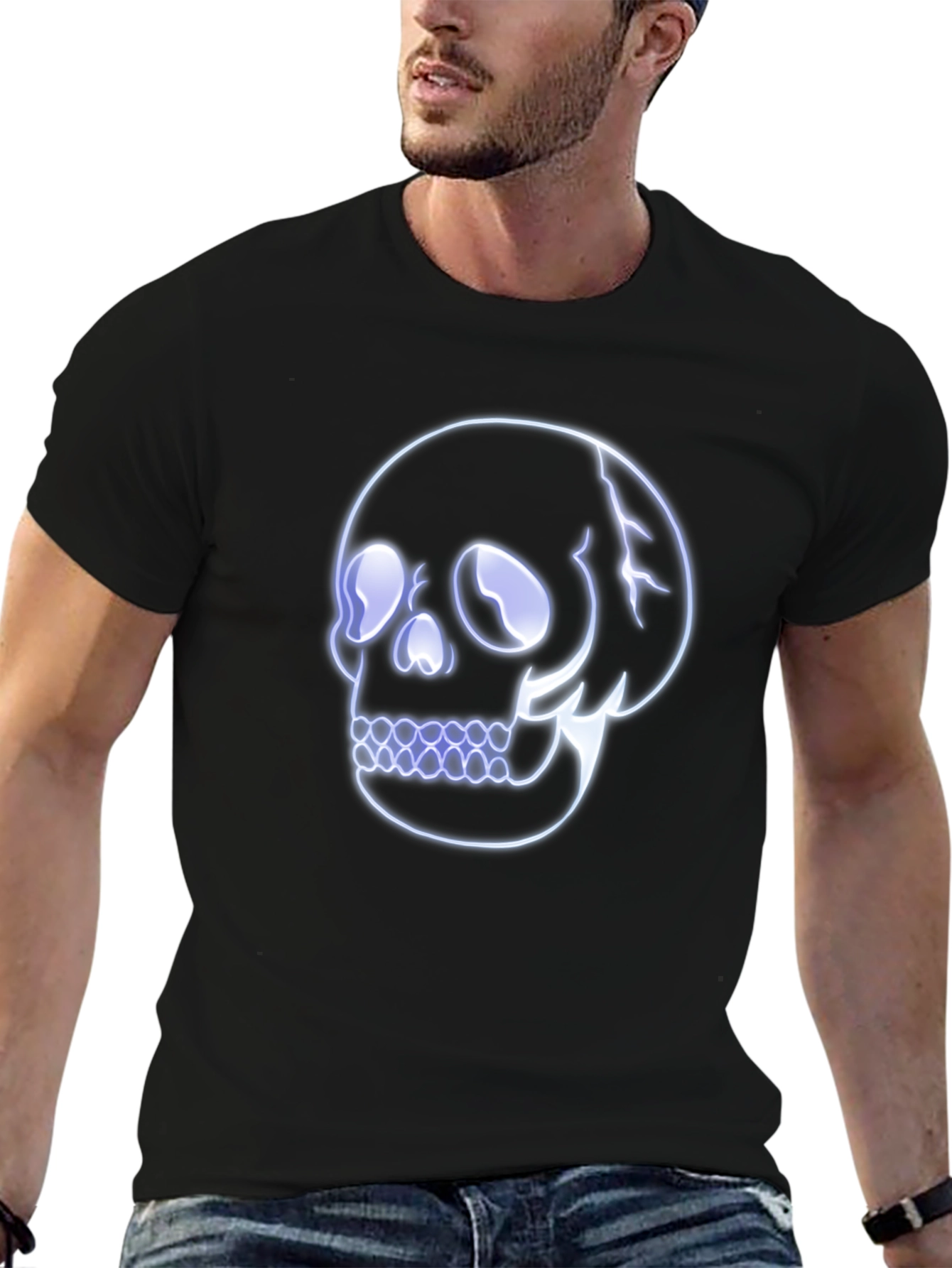 Neon Skull Graphic Print Black T-Shirt