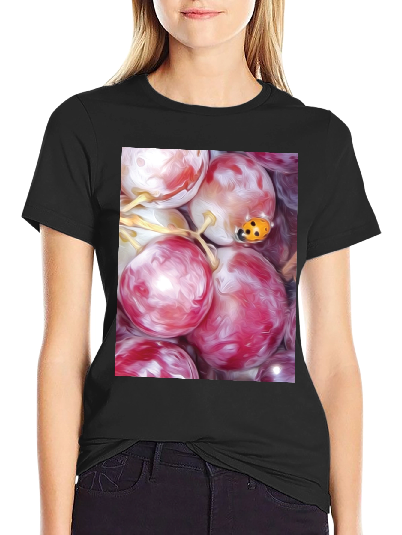 Grapes & Ladybug Graphic Tee - Unique Artistic Design