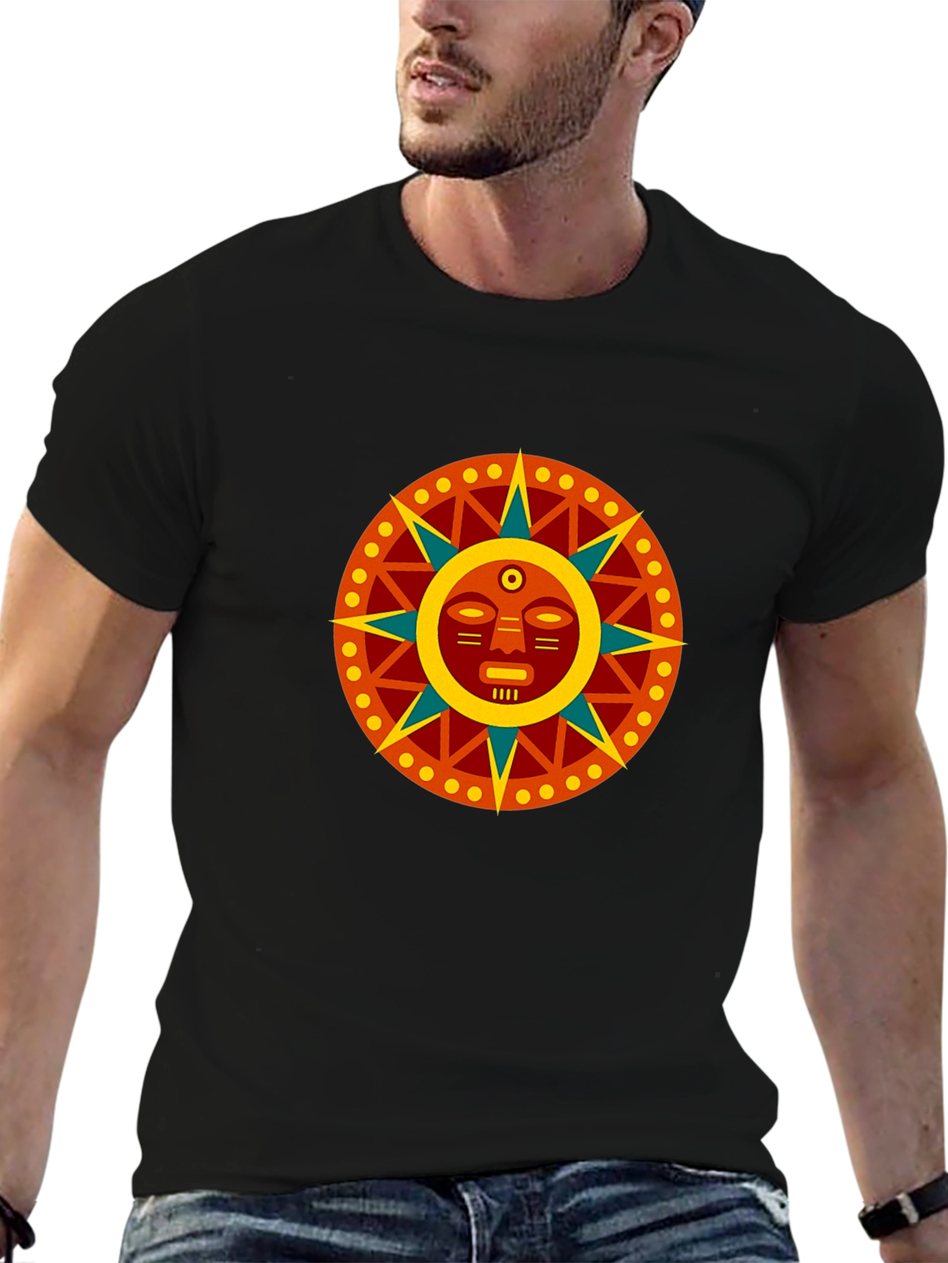 Aztec Sun God Graphic Black T-Shirt