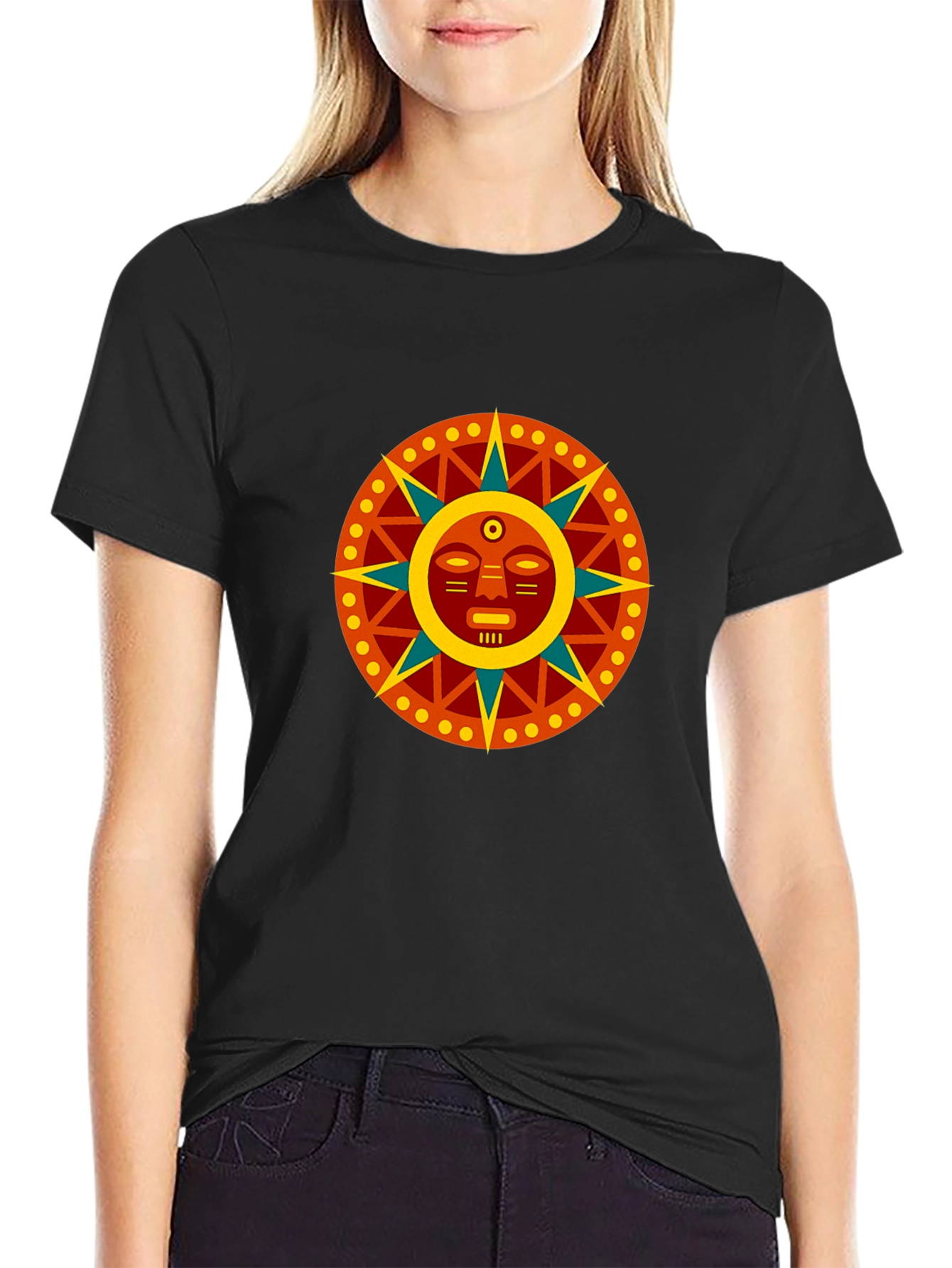 Aztec Sun God Graphic Black T-Shirt