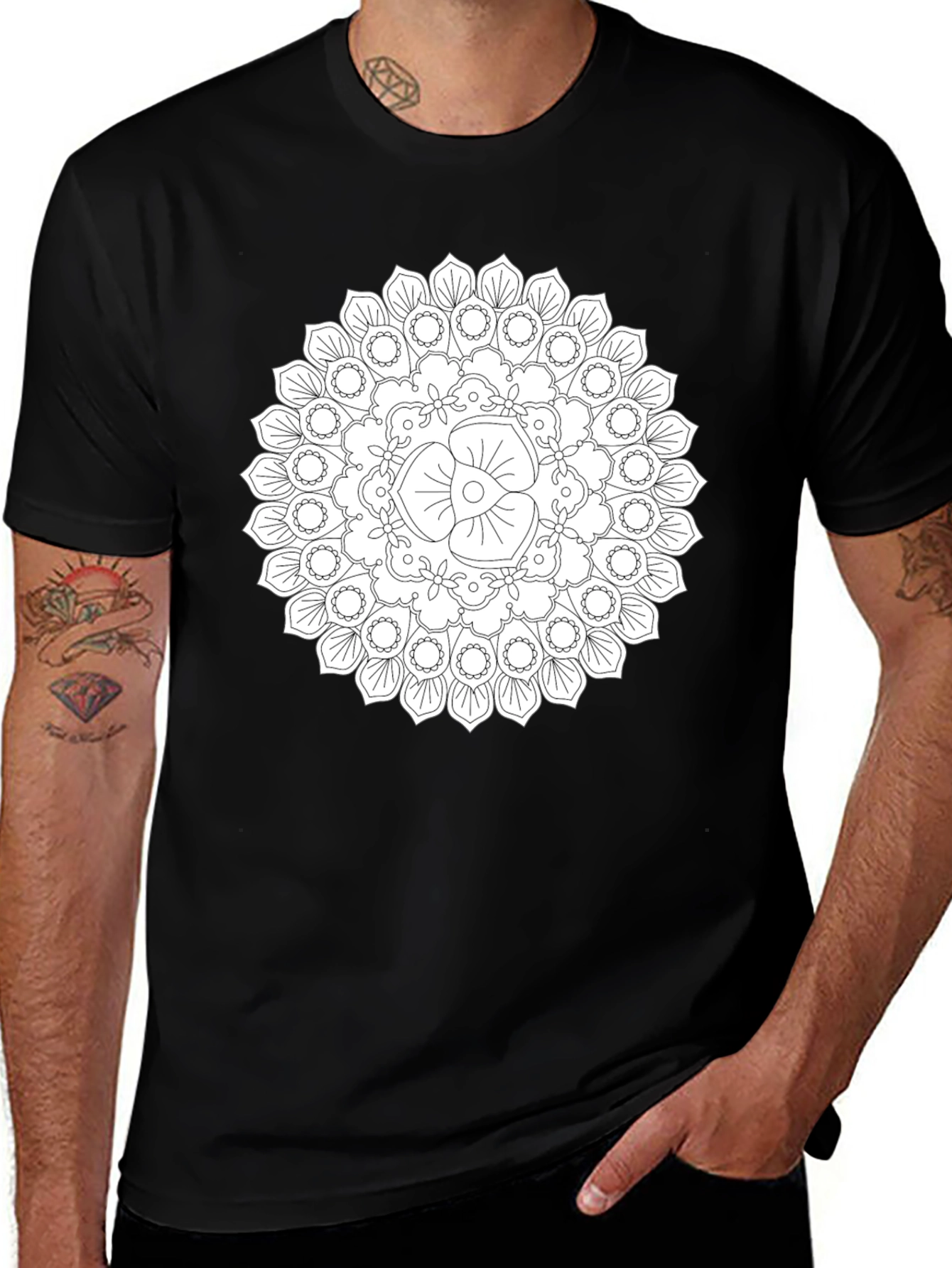 Black Mandala T-Shirt - Geometric Floral Design