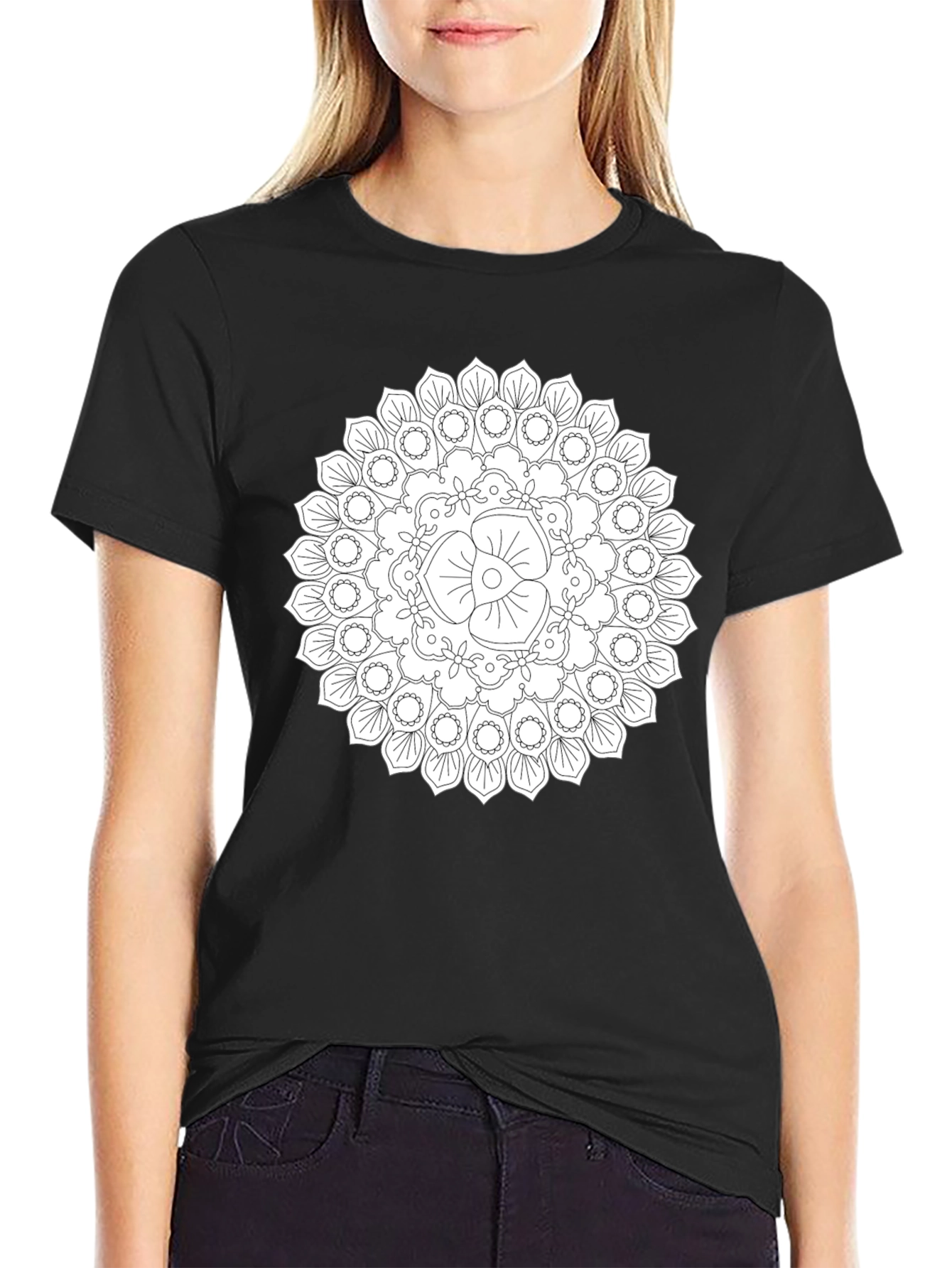 Black Mandala T-Shirt - Geometric Floral Design