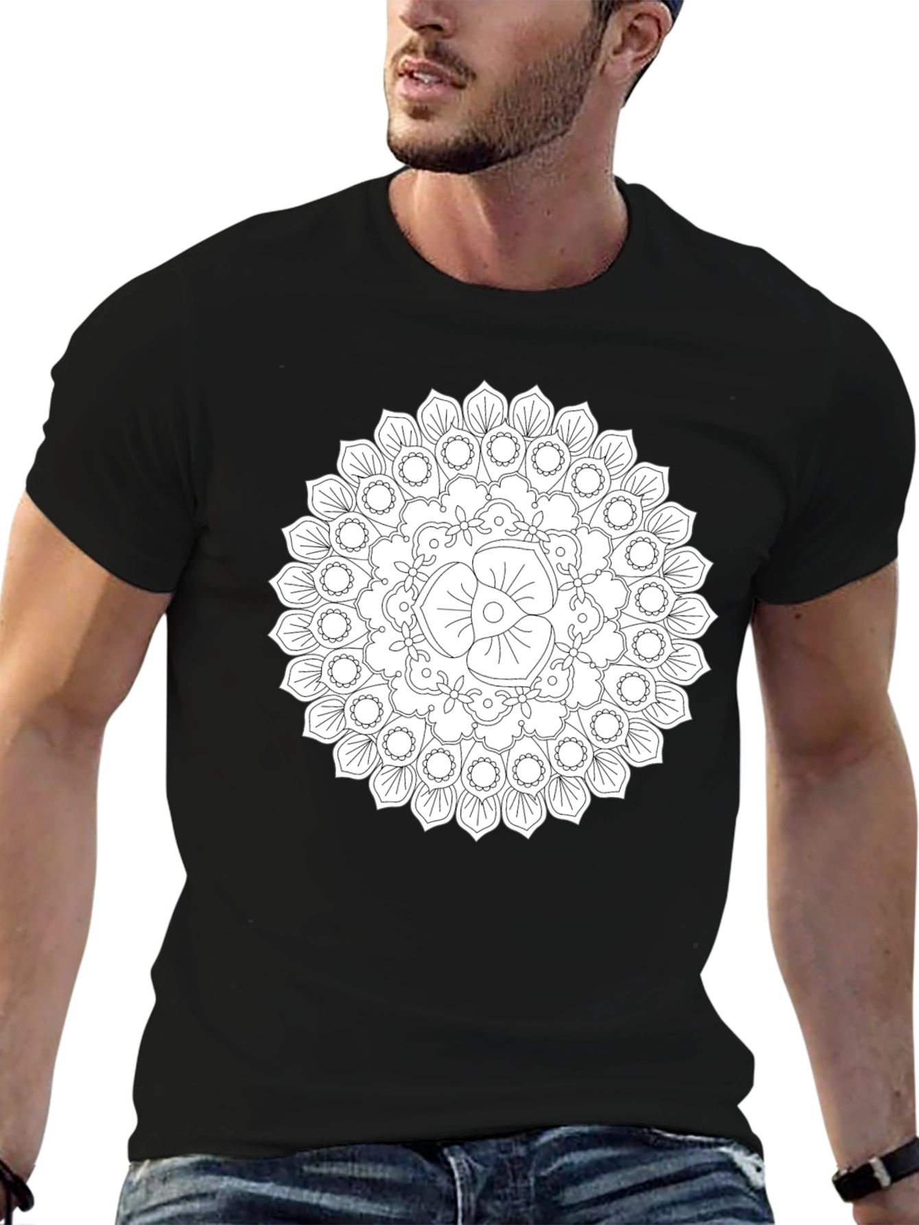 Black Mandala T-Shirt - Geometric Floral Design