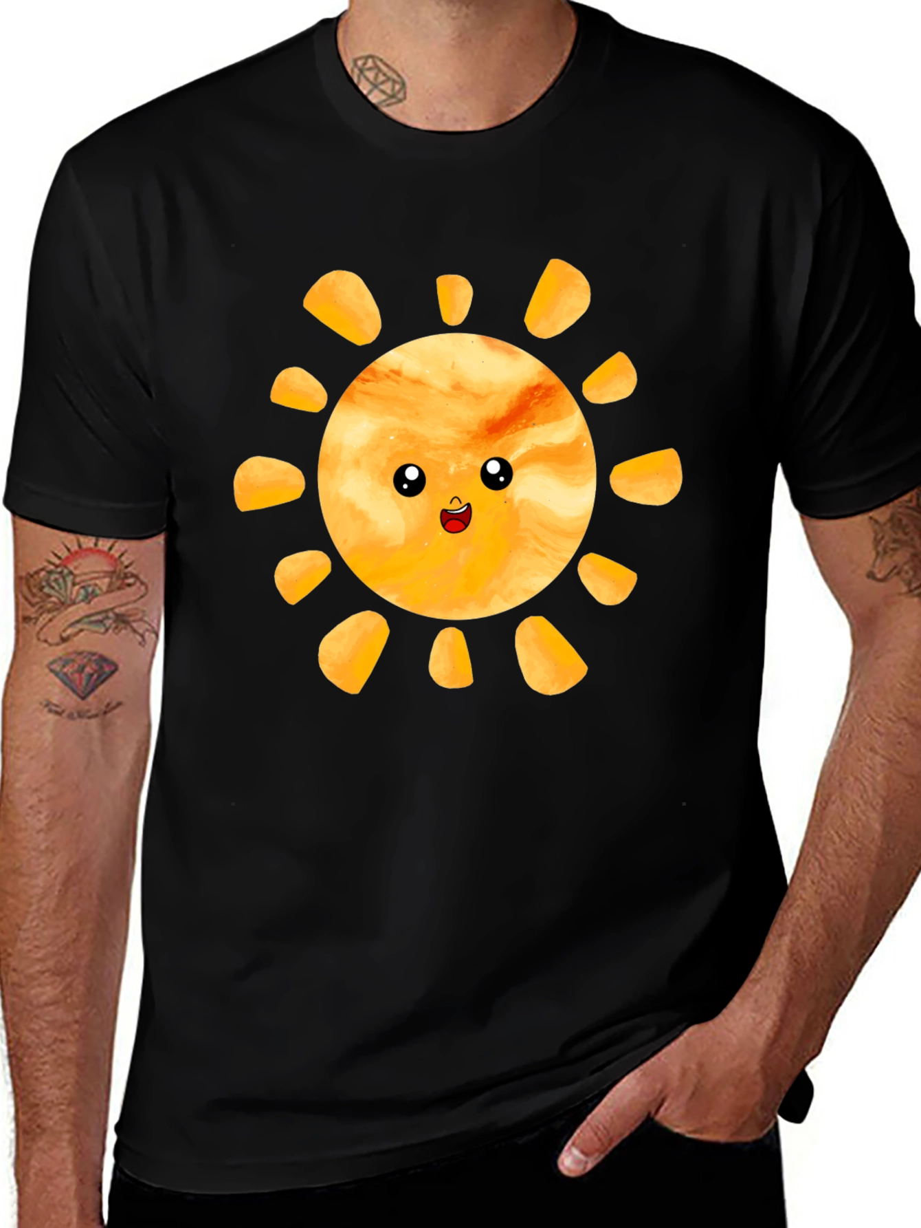 Cute Smiling Sun Graphic Tee - Black