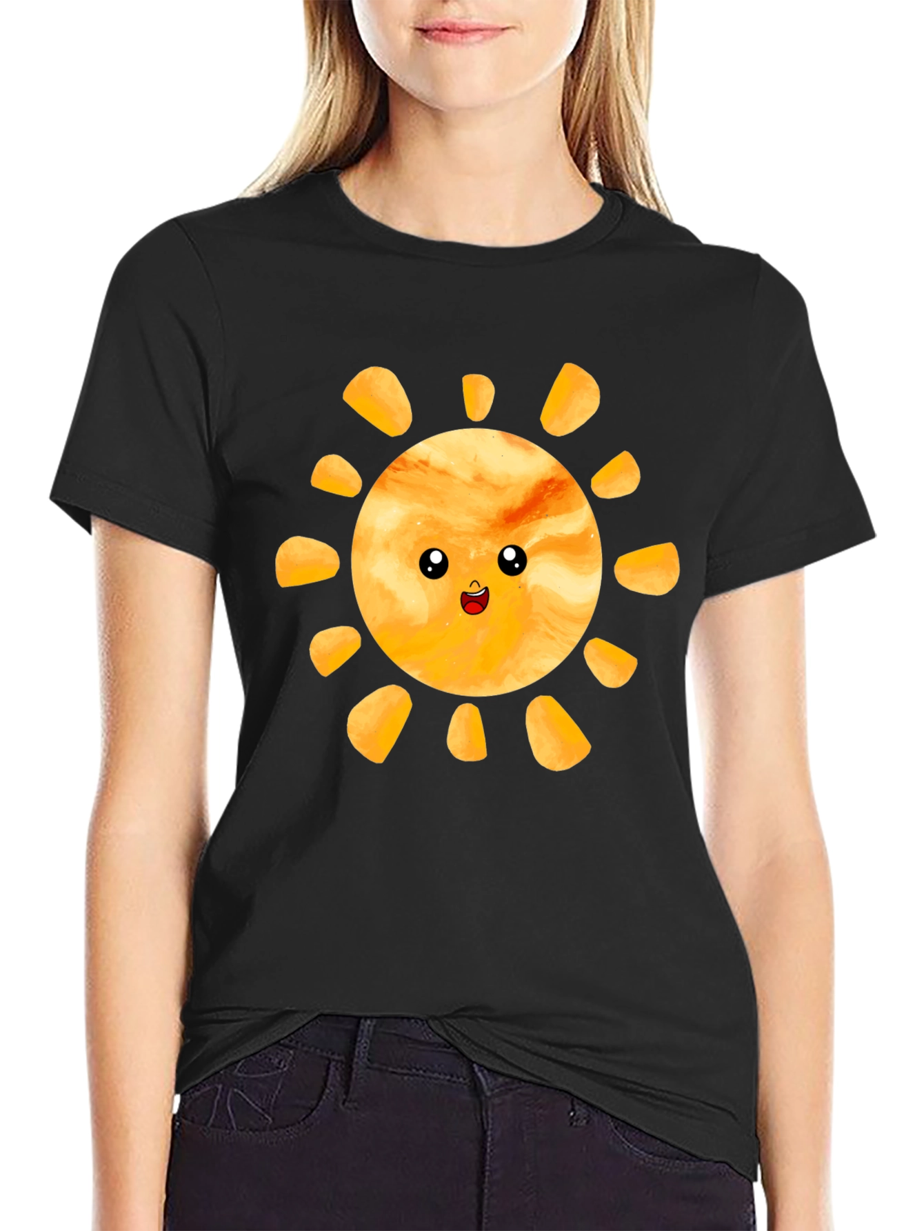 Cute Smiling Sun Graphic Tee - Black