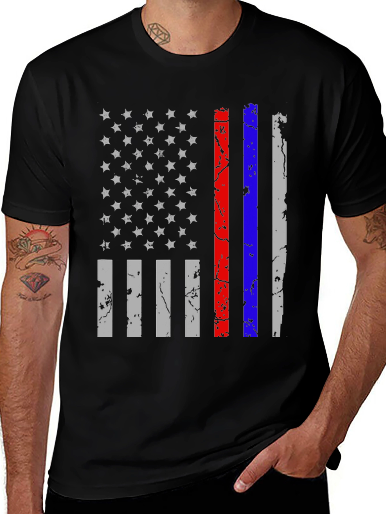 Distressed American Flag T-Shirt - Thin Red Blue Line