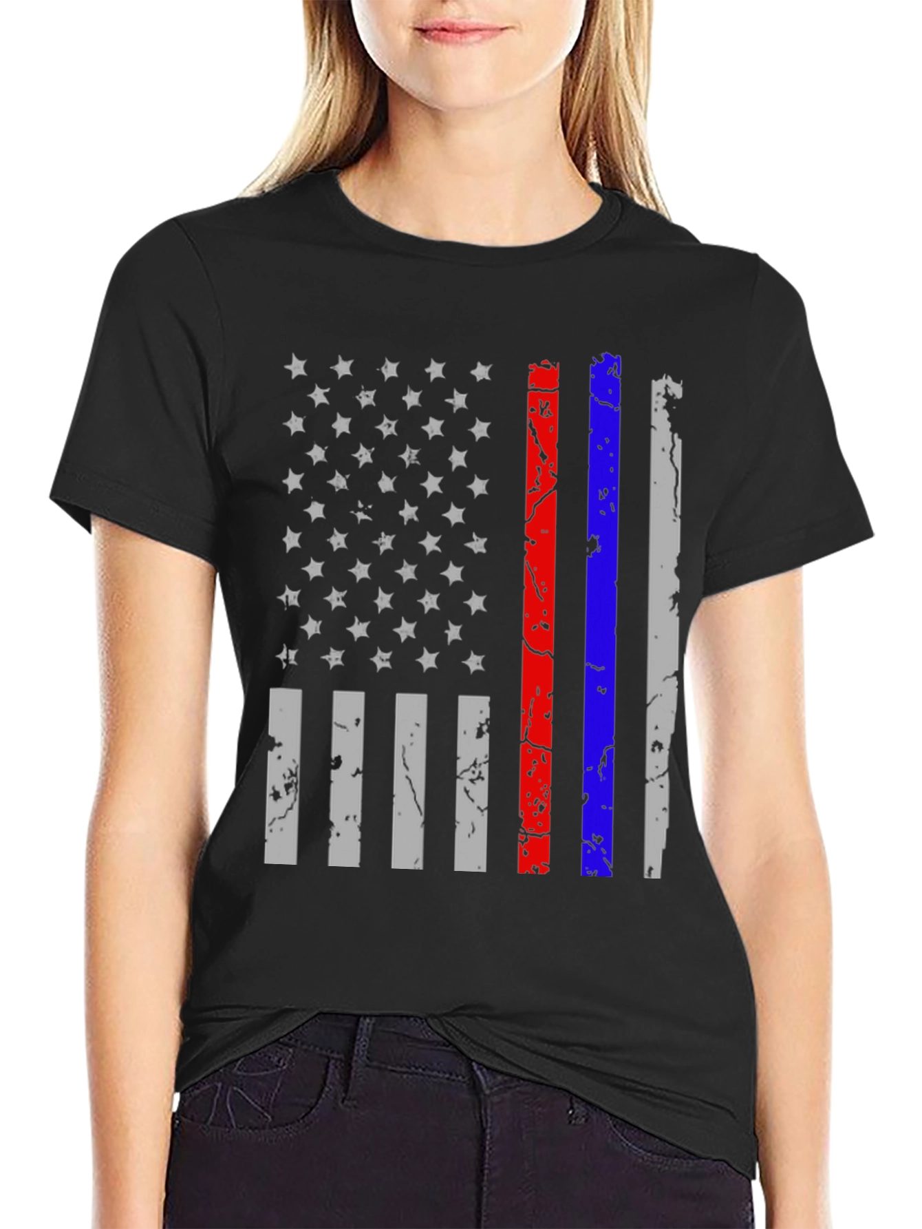 Distressed American Flag T-Shirt - Thin Red Blue Line