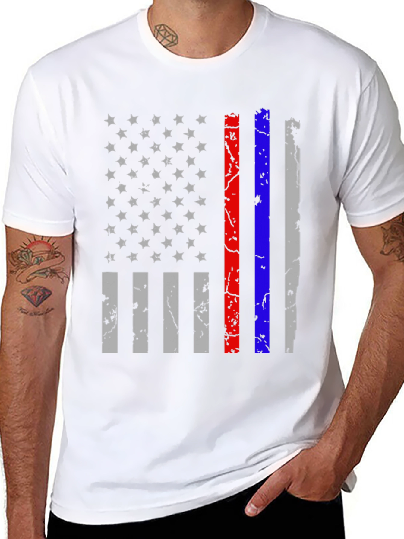 Distressed American Flag T-Shirt - Thin Red Blue Line