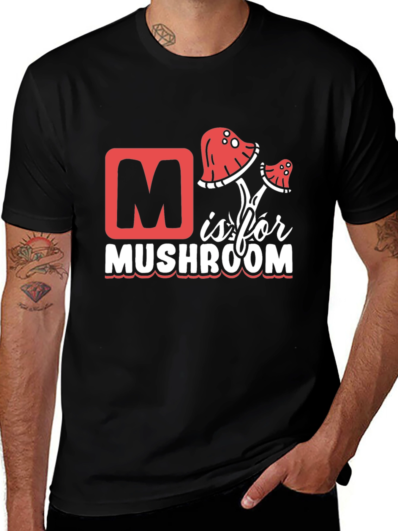 M is for Mushroom Black T-Shirt