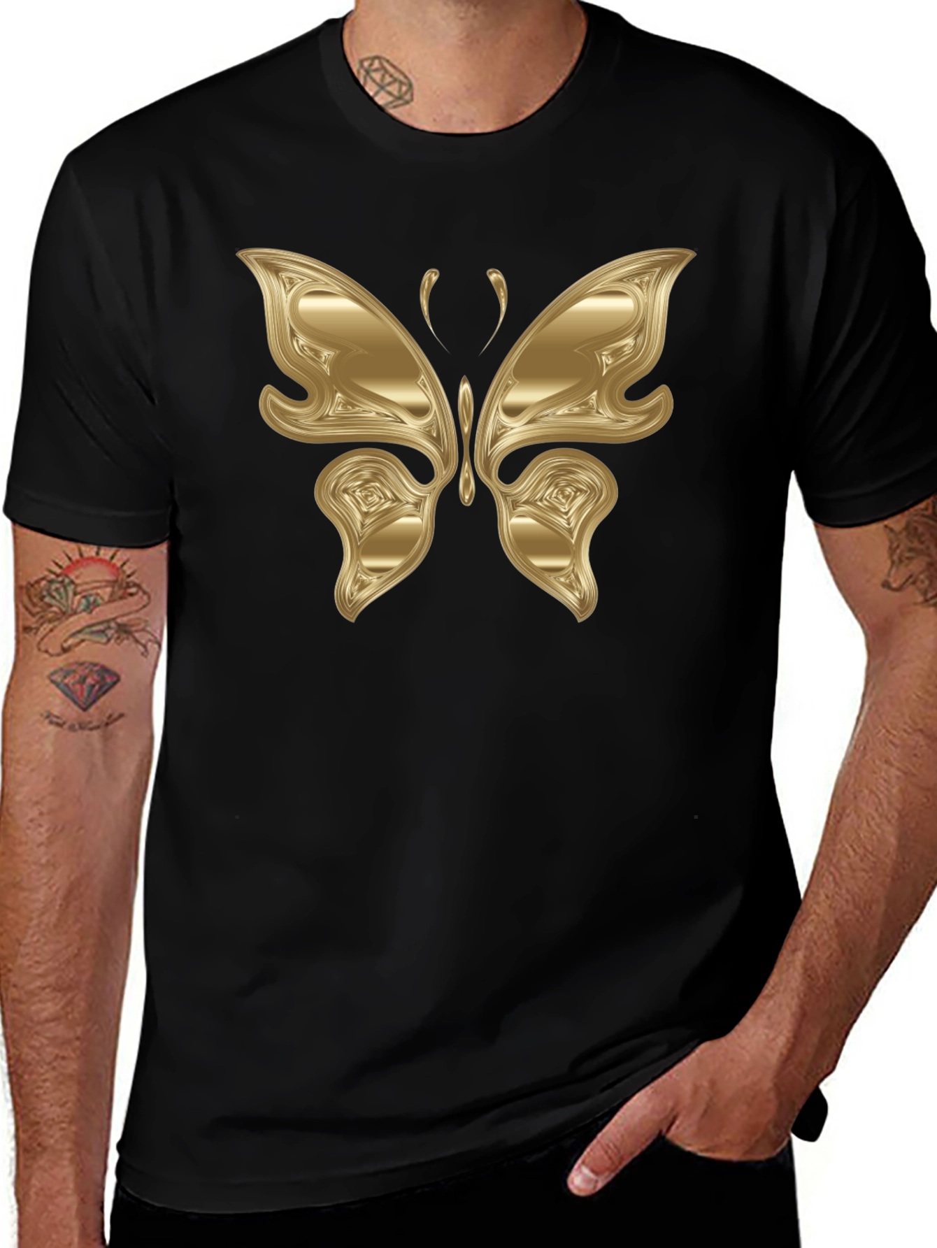 Golden Butterfly Graphic Black T-Shirt