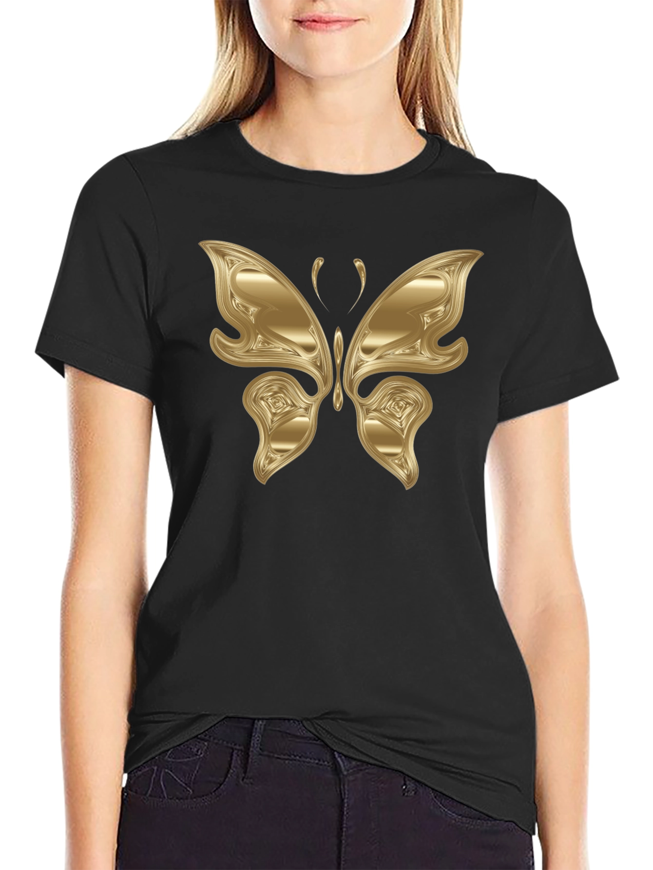 Golden Butterfly Graphic Black T-Shirt