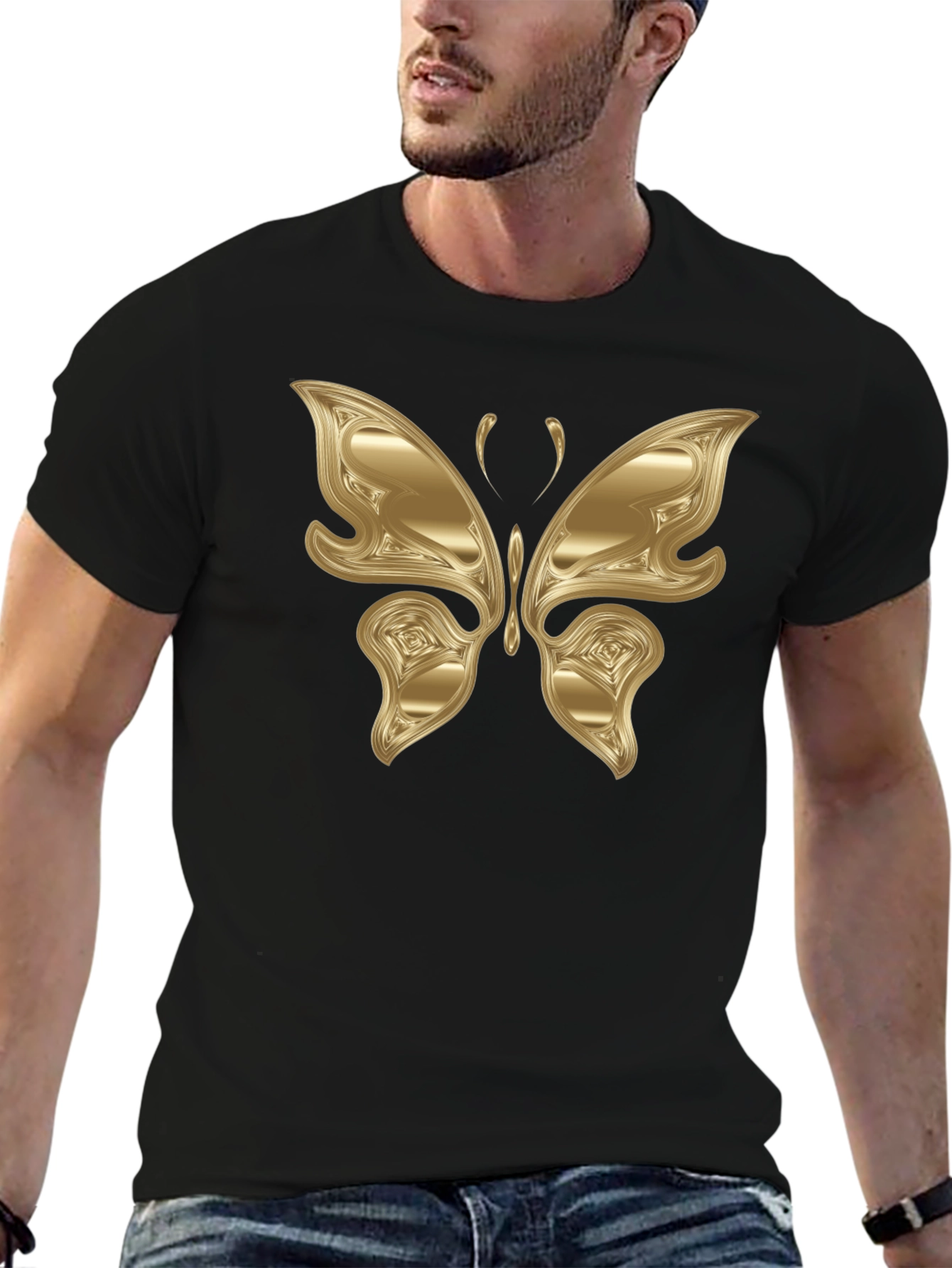 Golden Butterfly Graphic Black T-Shirt