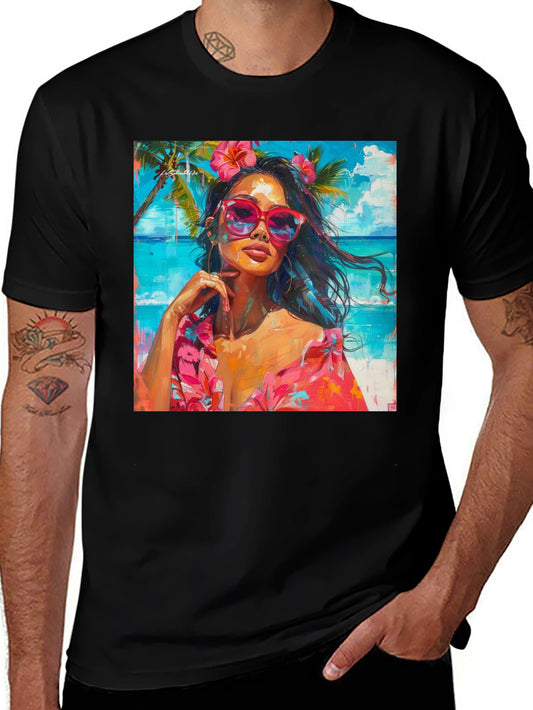 Tropical Beach Woman Graphic Print Black T-Shirt