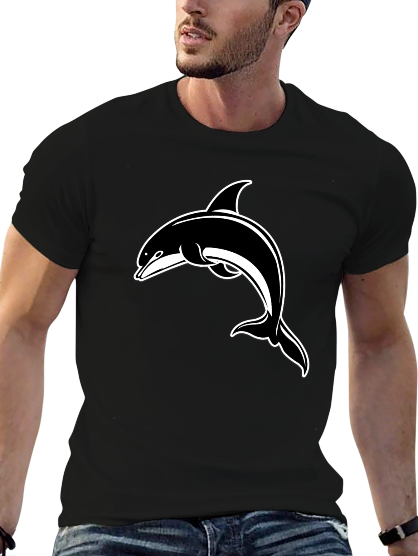 Black T-Shirt with Dolphin Graphic Print