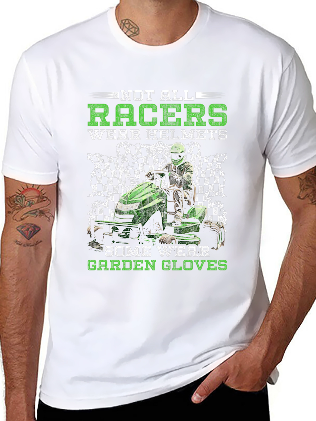 Funny Lawn Mower Racing T-Shirt - Garden Gloves