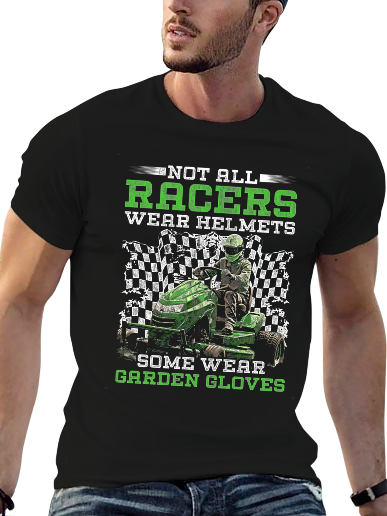 Funny Lawn Mower Racing T-Shirt - Garden Gloves