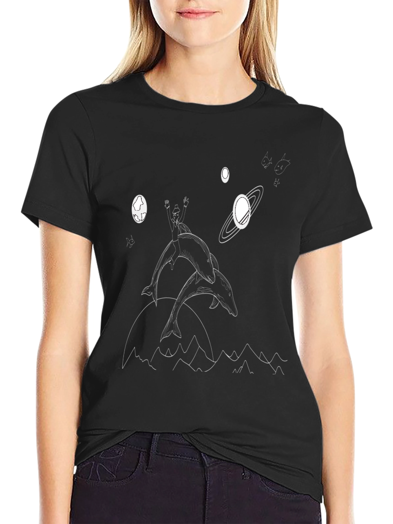 Dolphin Rider Graphic Tee - Black Cotton T-Shirt