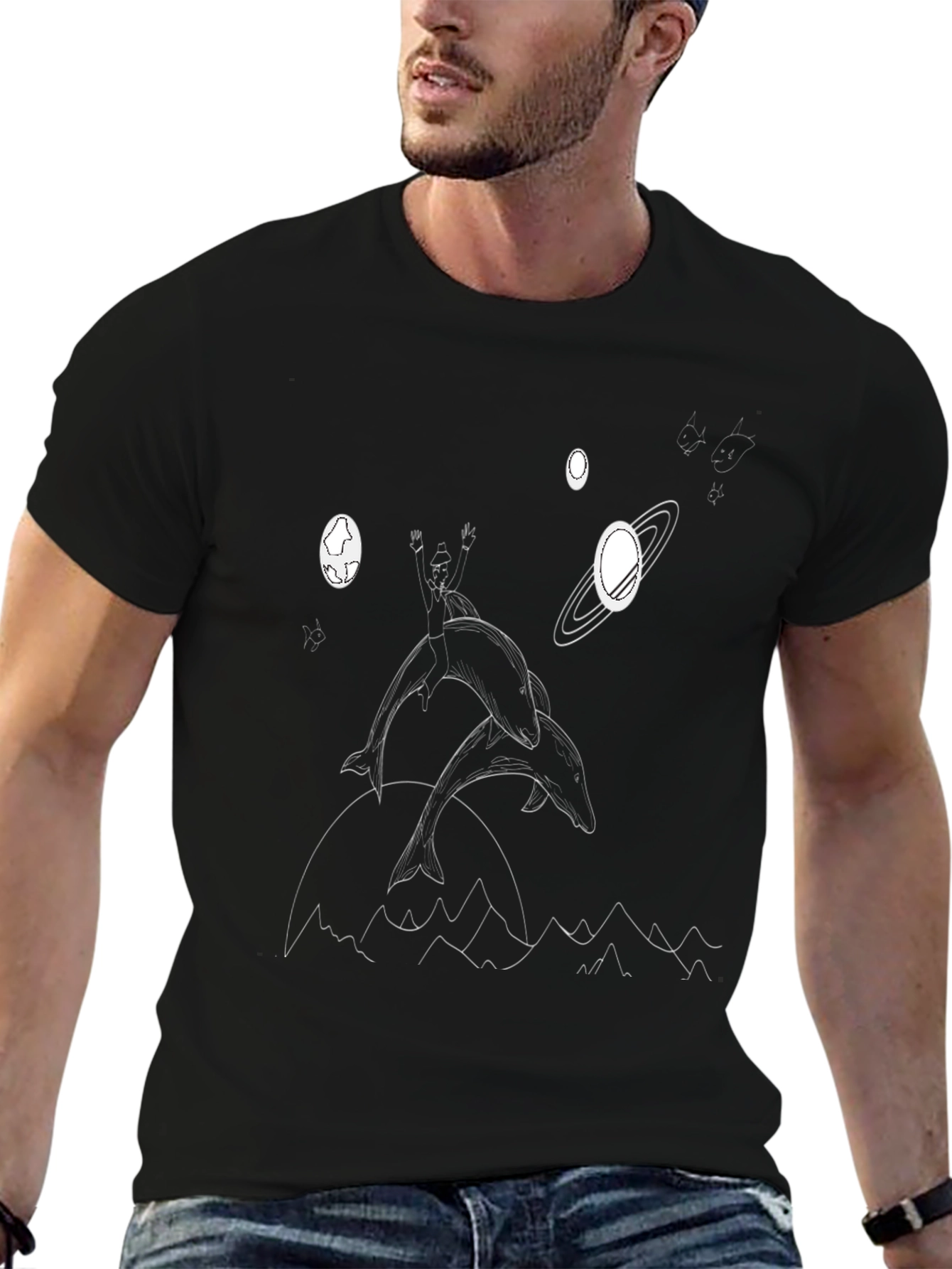 Dolphin Rider Graphic Tee - Black Cotton T-Shirt