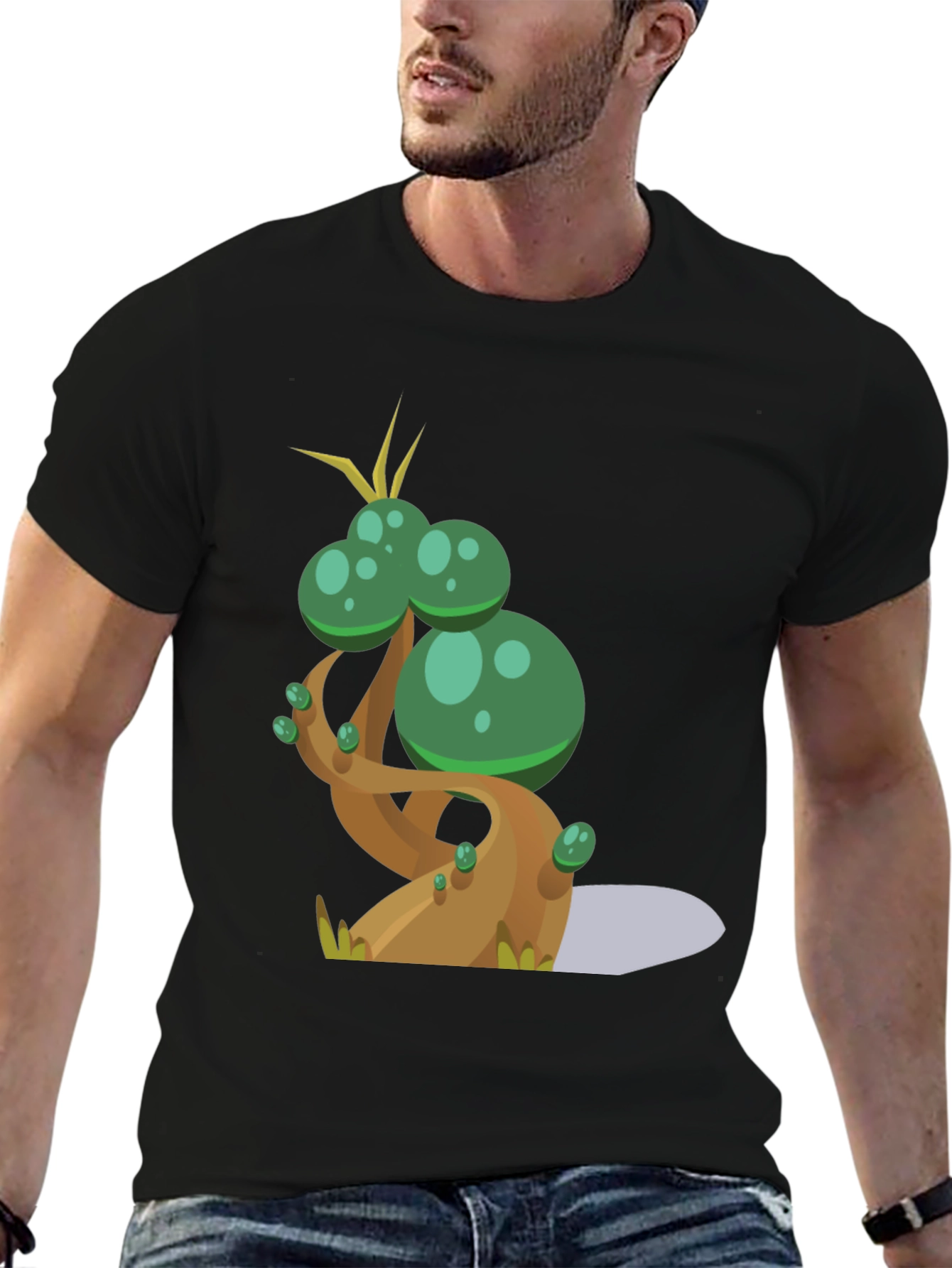 Cartoon Tree Graphic Tee - Black Cotton Blend T-Shirt