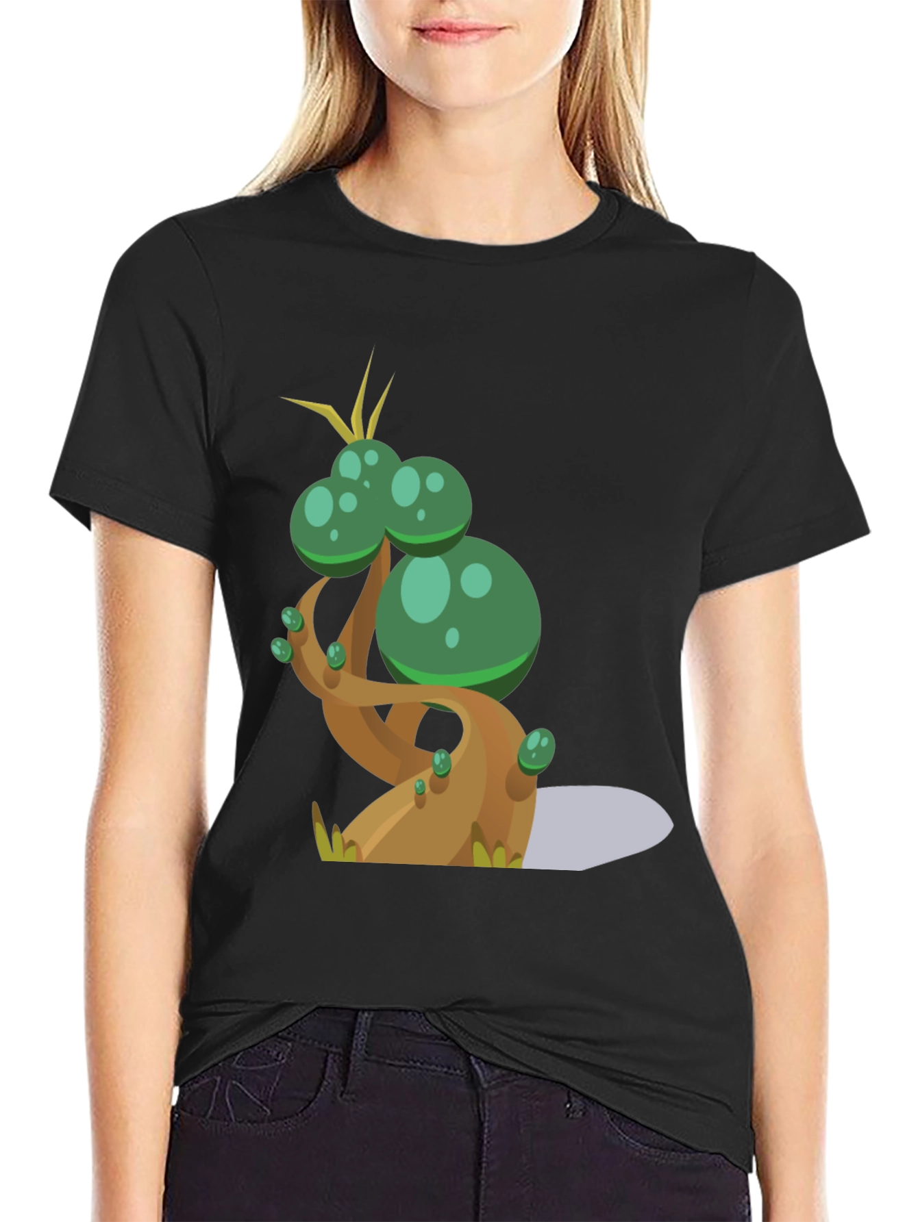 Cartoon Tree Graphic Tee - Black Cotton Blend T-Shirt
