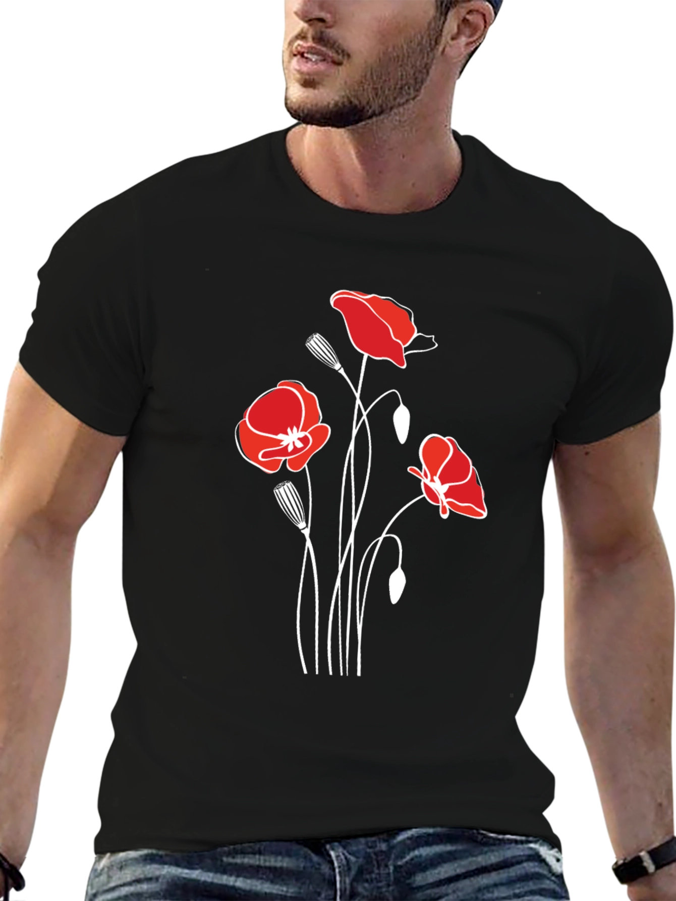 Poppy Print Black T-Shirt - Stylish Floral Design