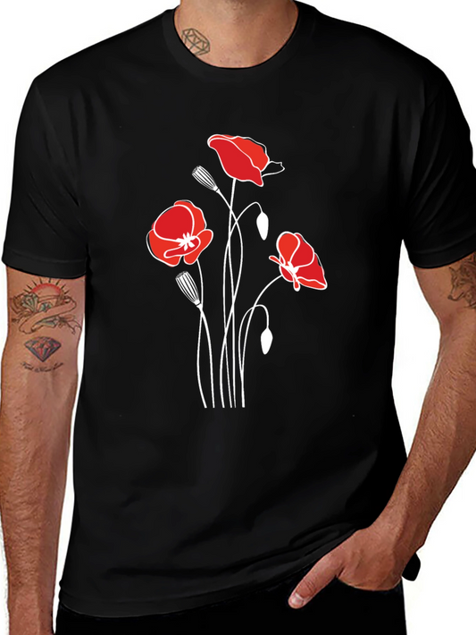 Poppy Print Black T-Shirt - Stylish Floral Design