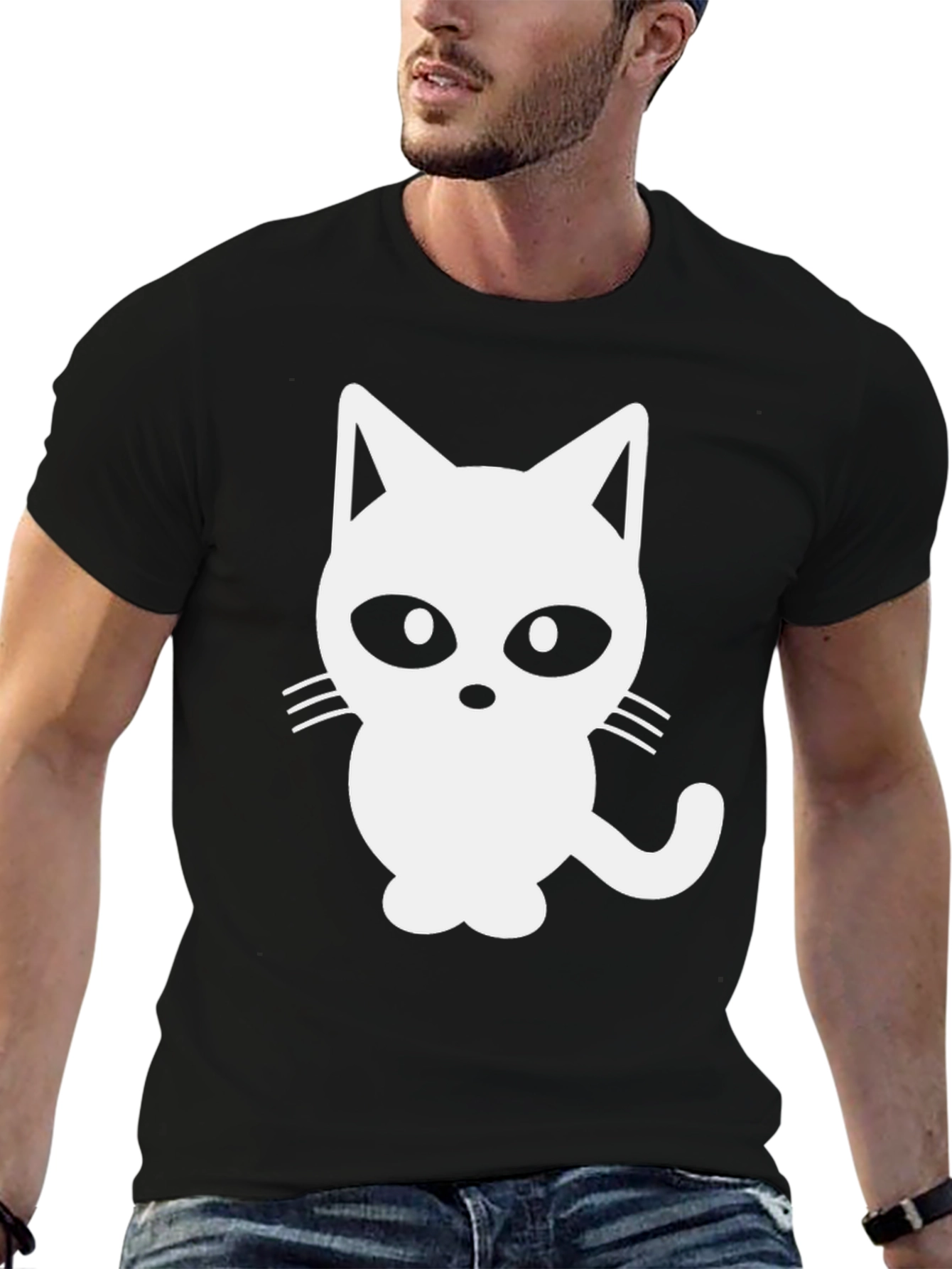 Black T-Shirt with White Cat Graphic