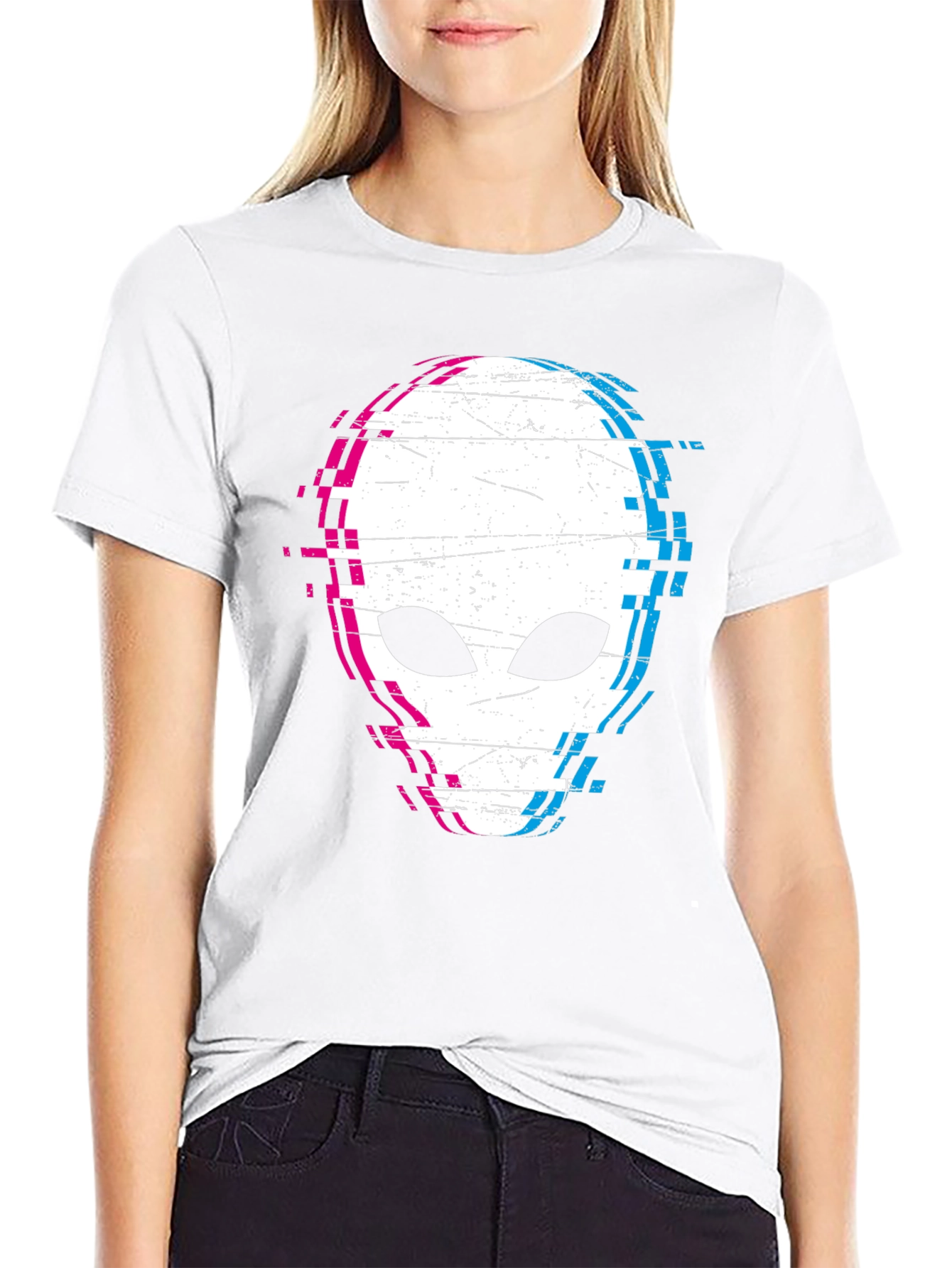 Glitch Alien Graphic Tee - Black Cotton Blend Shirt